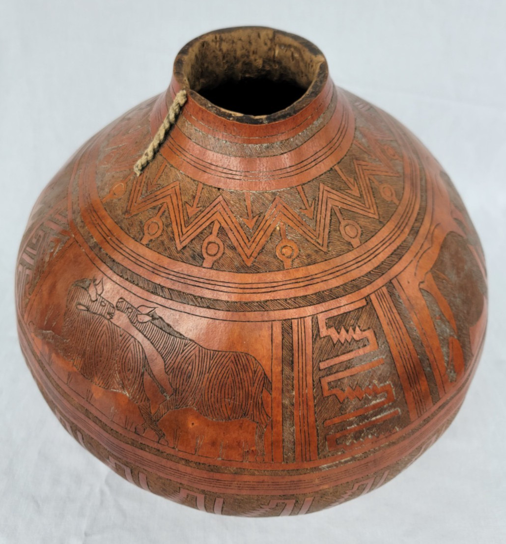 Large Vintage Hand Carved African Calabash Gourd