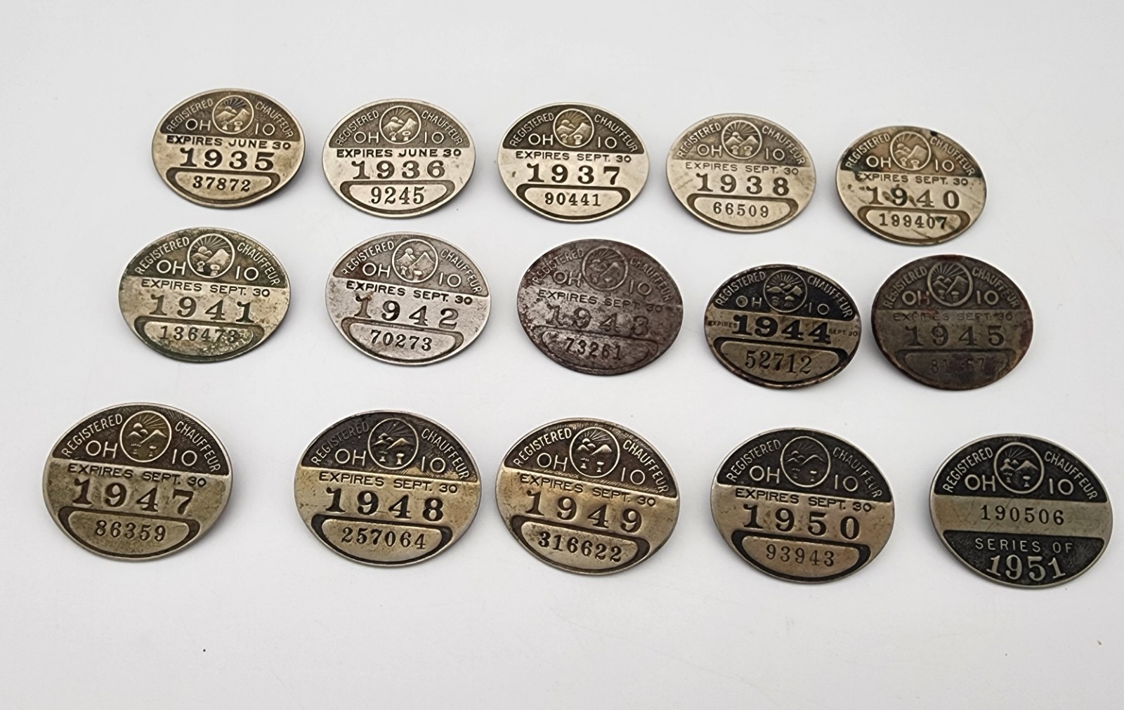 Vtg 1935-1938, 40-51 Ohio Licensed Chauffeur Badge Pin Pinback Button Metal Set