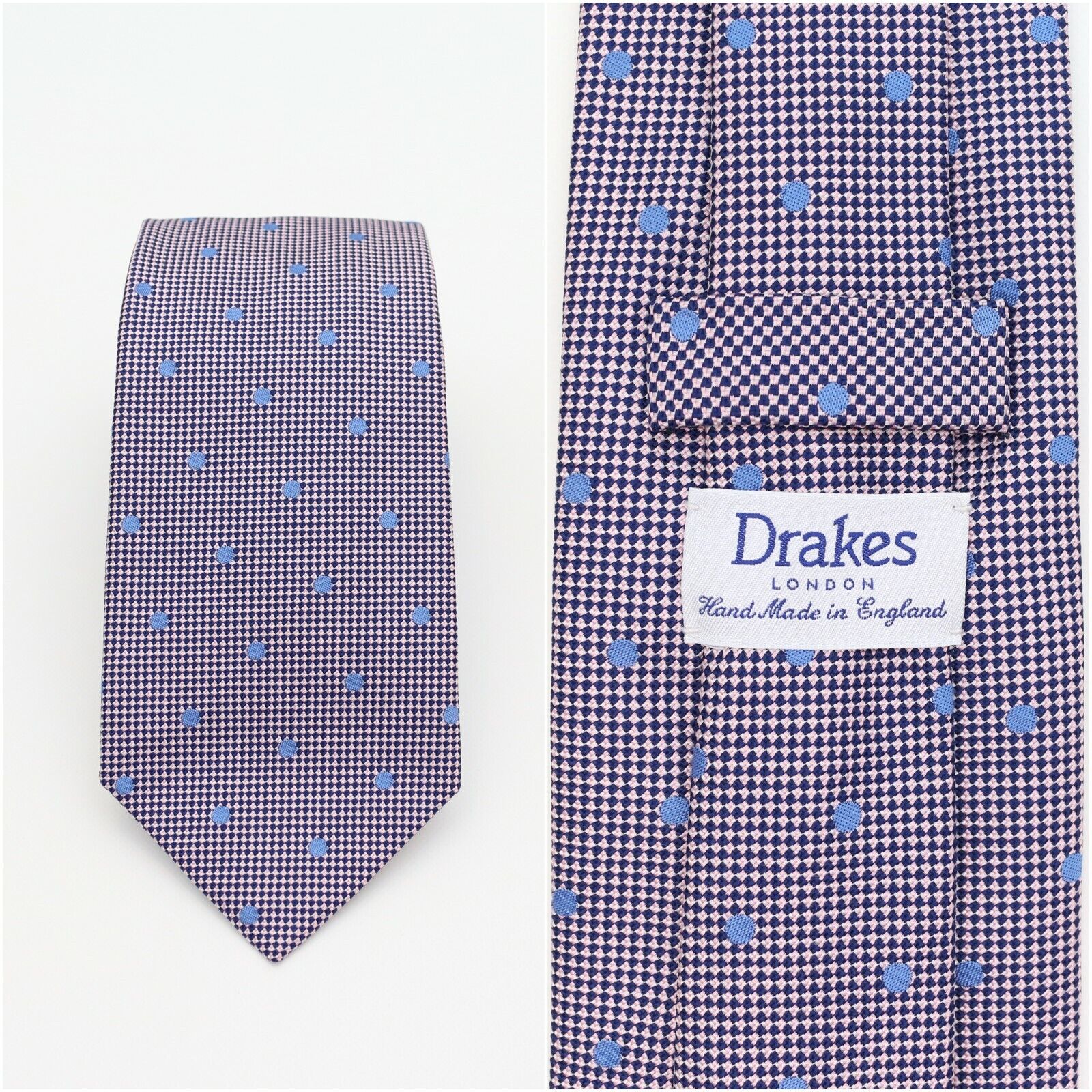 Drakes London 100% Silk Multicolor Micro Check Polka Dot Tie Necktie England