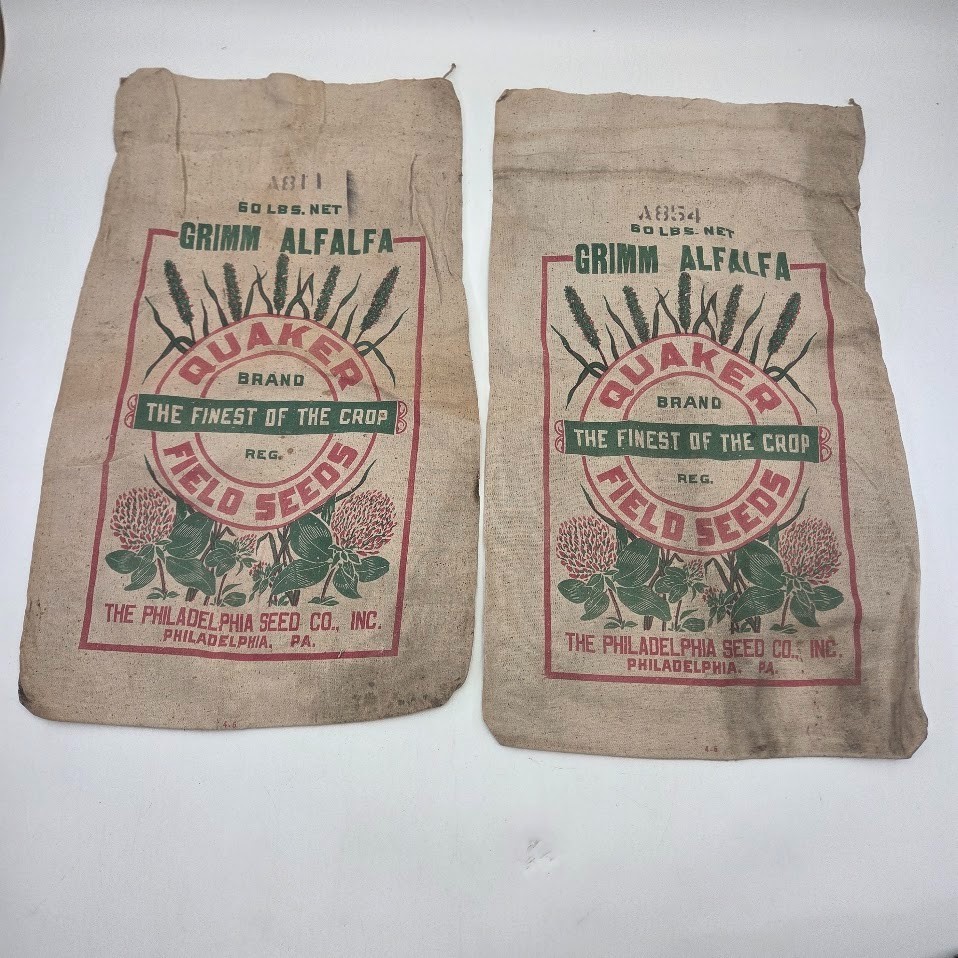 Vintage Quaker Grimm Alfalfa Seed Bags Cotton Cloth Sacks Lot of 2 Philadelphia