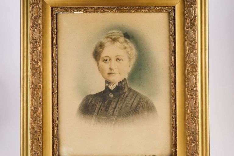 Antique Hand-Colored Portrait Woman in Ornate Gold Tone Frame 1890-1900 35 x 25