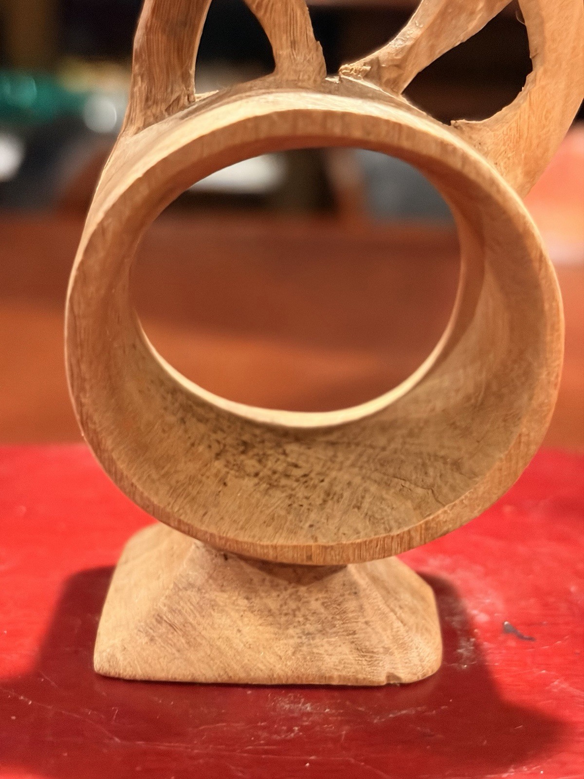 Vintage Hand Carved Wood Lion Stand Ring Base Kenya Safari Folk Art 1980s