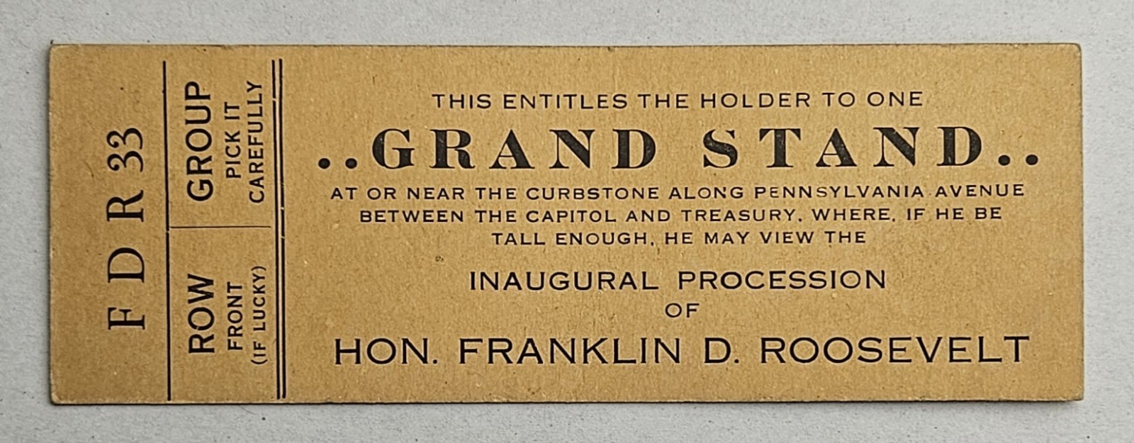1933 FDR First Inauguration Novelty Grandstand Ticket Washington DC
