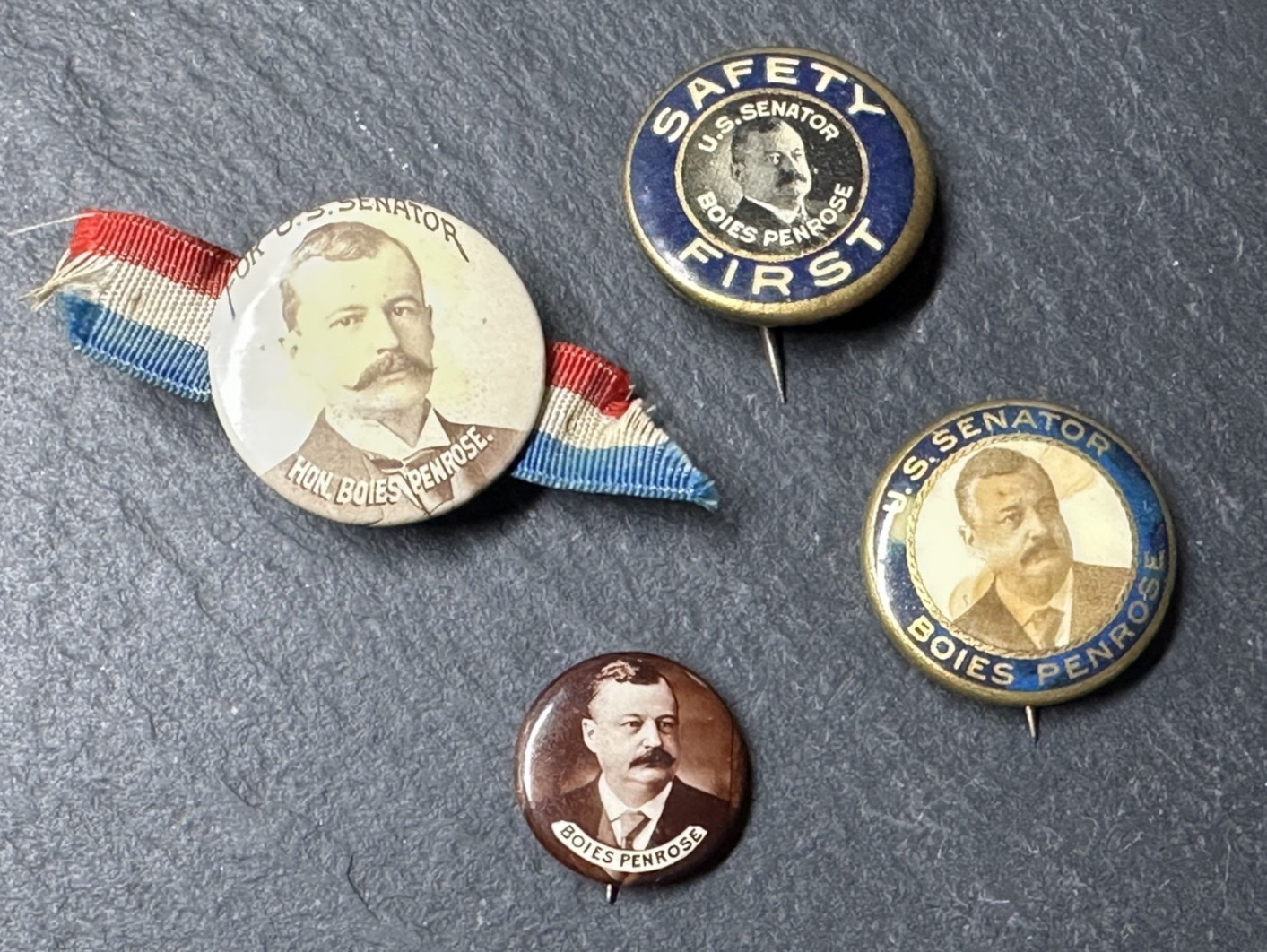 4 ANTIQUE BOIES PENROSE US SENATOR FROM PENNSYLVANIA CAMPAIGN BUTTONS M102