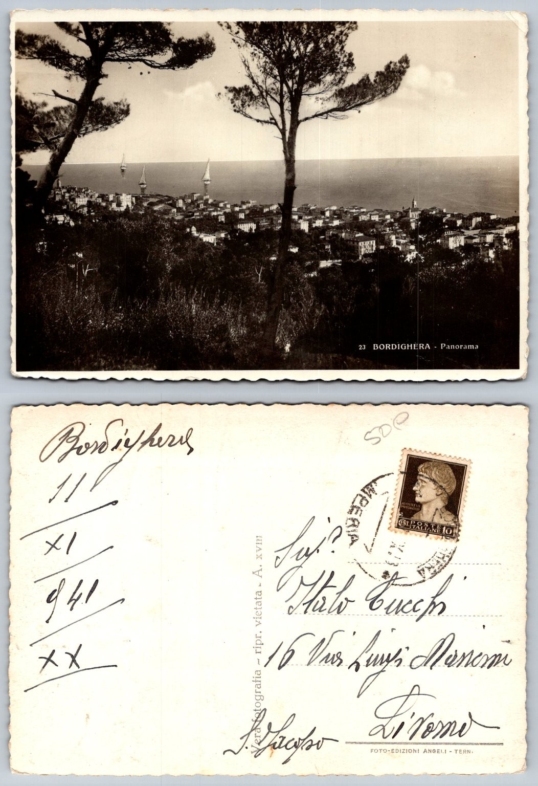 Bordighera Italy Panorama RPPC Postcard 1940 Imperia Italian Coast View