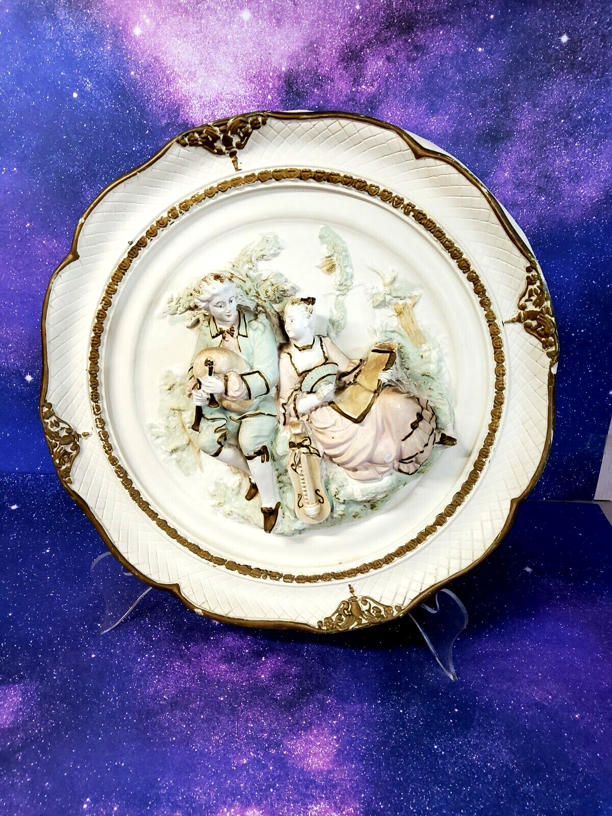 Vintage Large 14.5” Capodimonte Style 3D Victorian Couple Wall Plaque