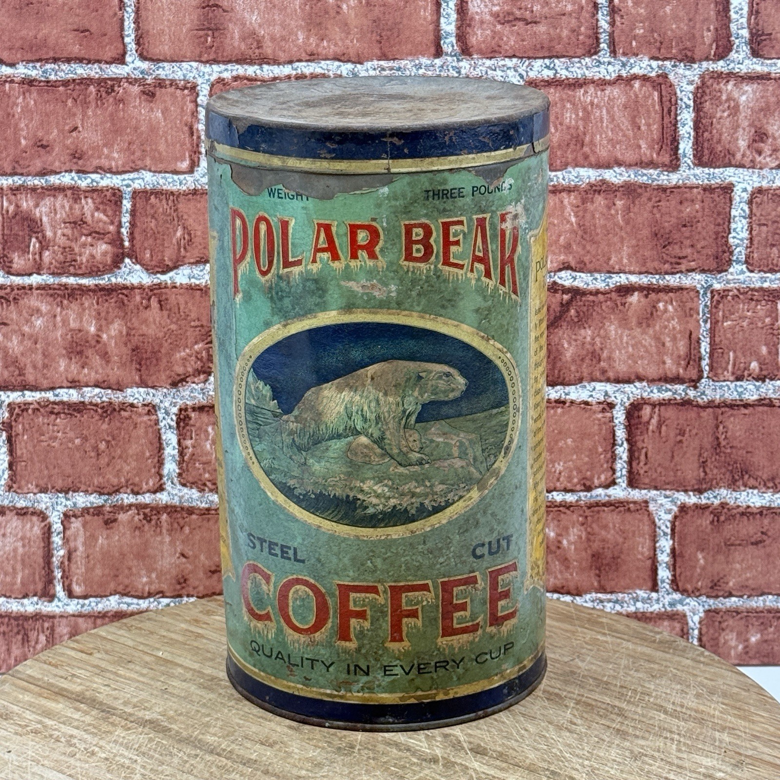 Rare Antique POLAR BEAR COFFEE 3lb tall tin w/ paper label - Muskogee, Oklahoma