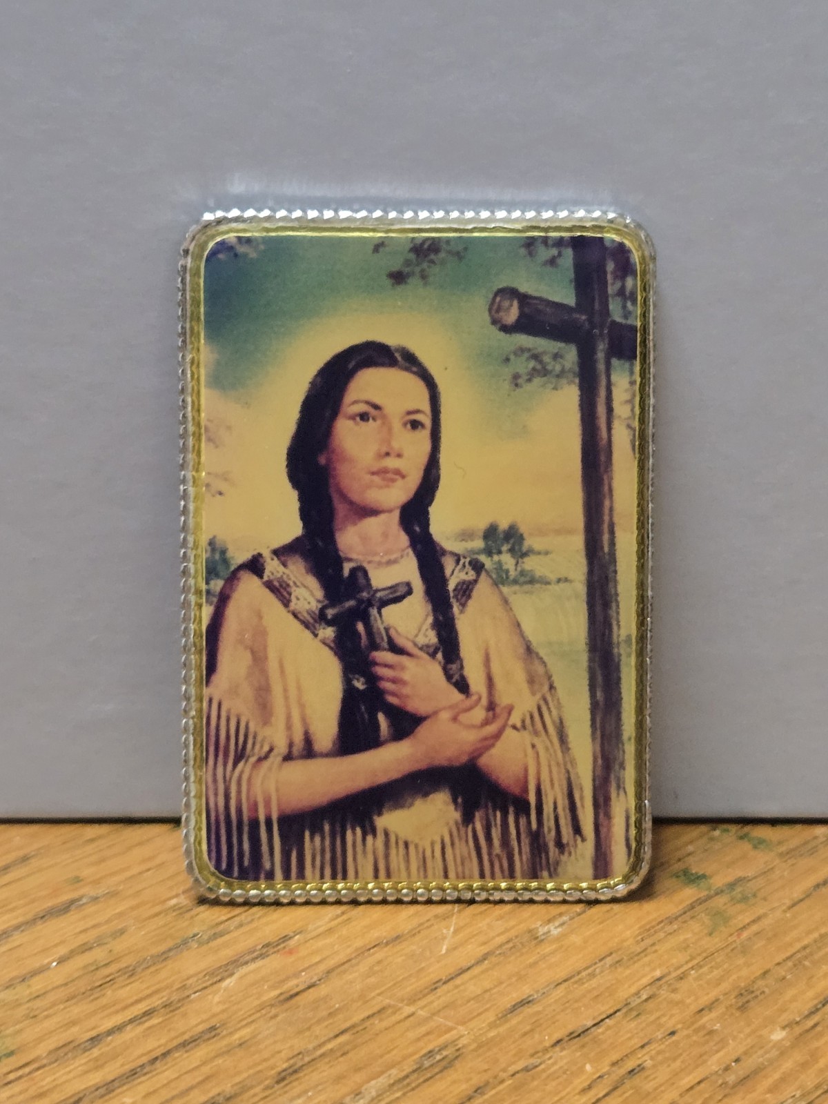 Title: Vintage Saint Kateri Tekakwitha Catholic Metal Pocket Token Plaque Clip