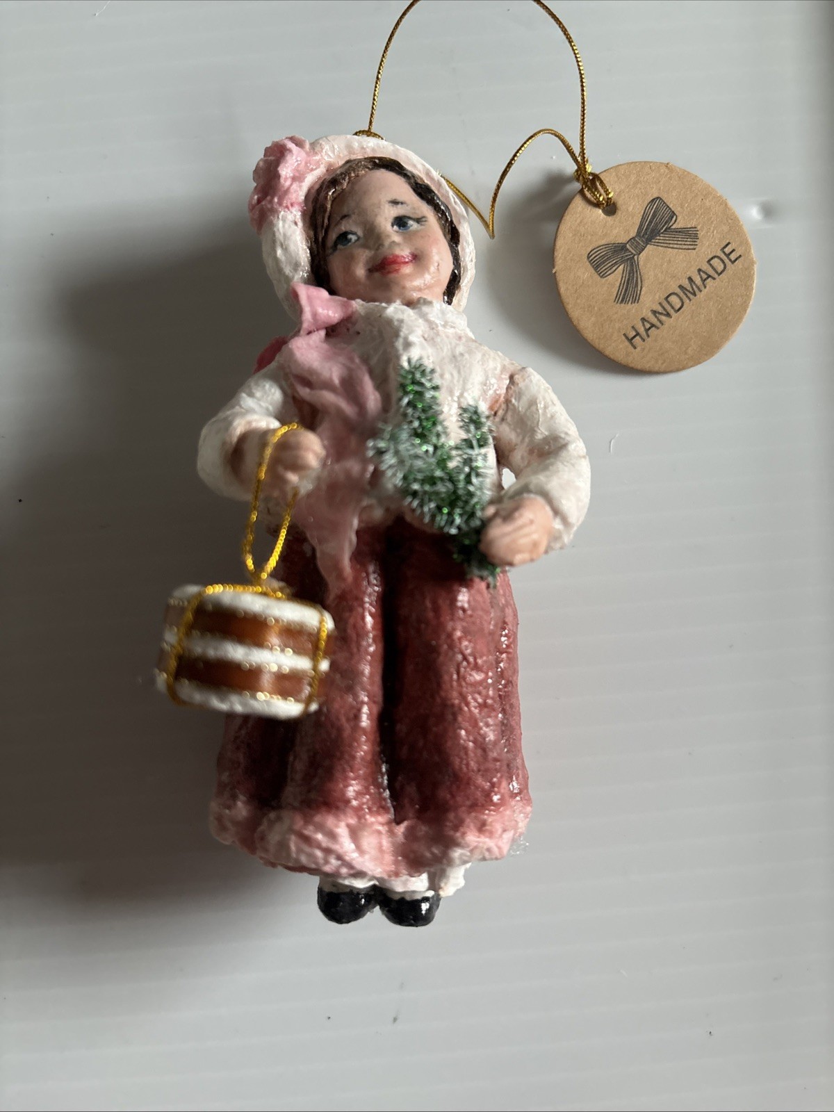 Handmade Spun Cotton Christmas Ornament Victorian Style Girl  Retro NEW 5”
