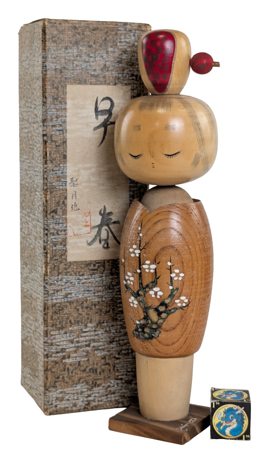Vintage Creative Kokeshi Doll w/ Plum Blossom Motif by Seigetsu from Japan, 25cm
