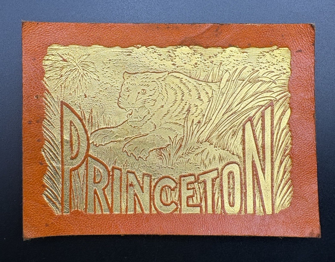 c1910 Large Princeton University Tiger Tobacco Leather 3.5x2.5 Antique College