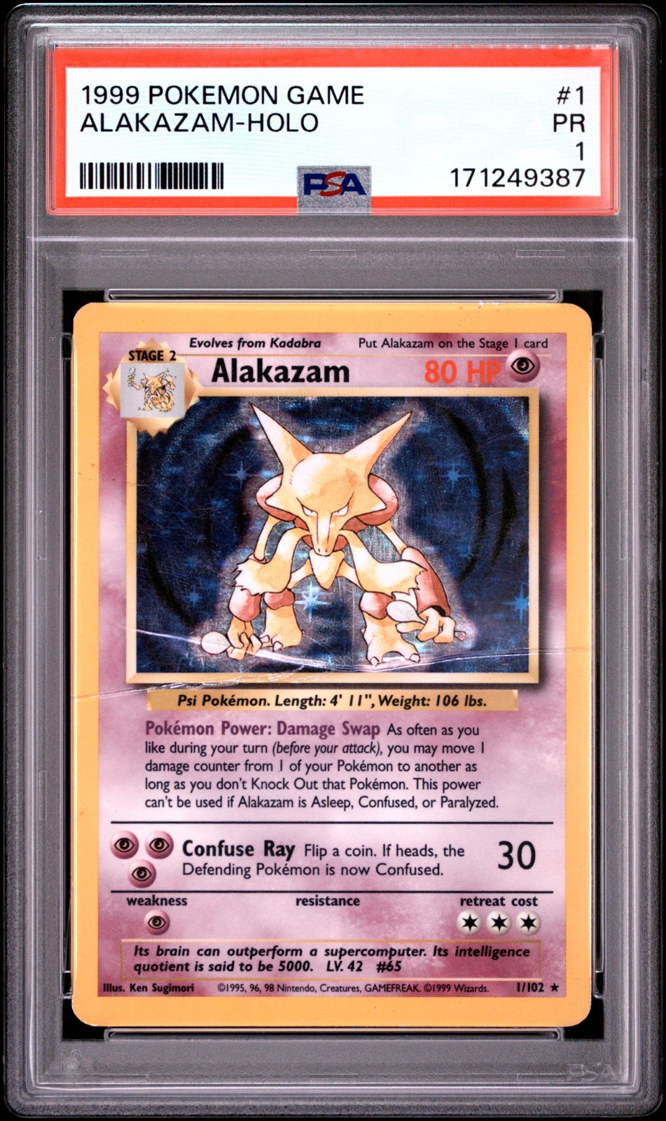 1999 Pokemon Base Set WOTC TCG Alakazam Holo #1     1/102    PSA 1
