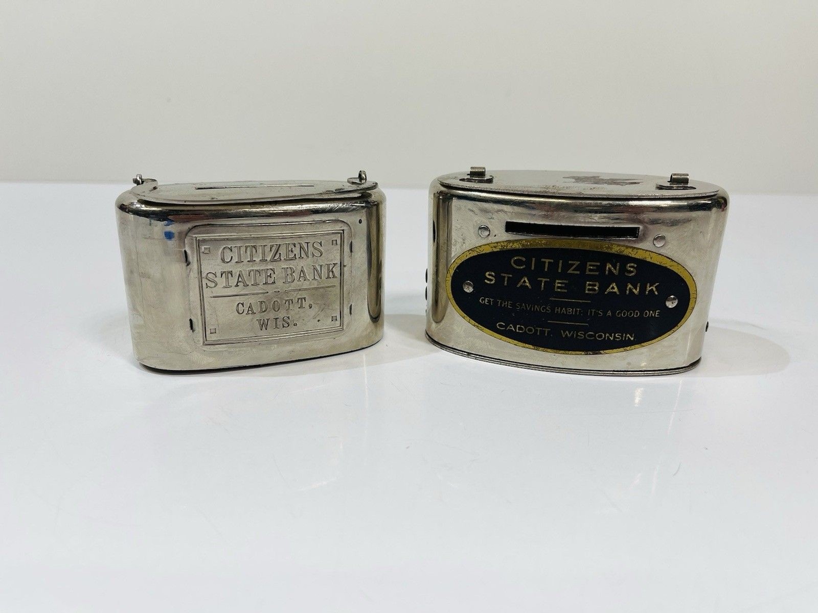 2 Vintage Citizens State Bank Chrome Metal Bank Caldot Wisconsin No Key