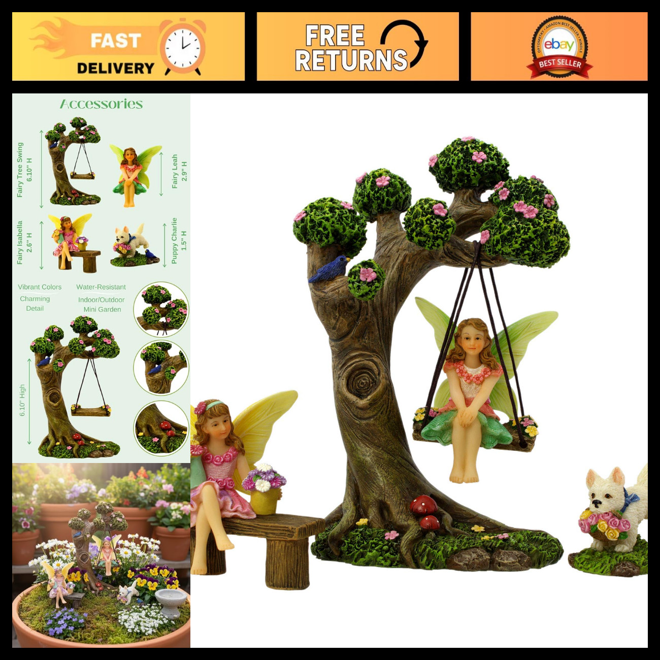 Enchanting Fairy Garden Set - 4 Piece Miniature Fairies with Tree Swing Decor