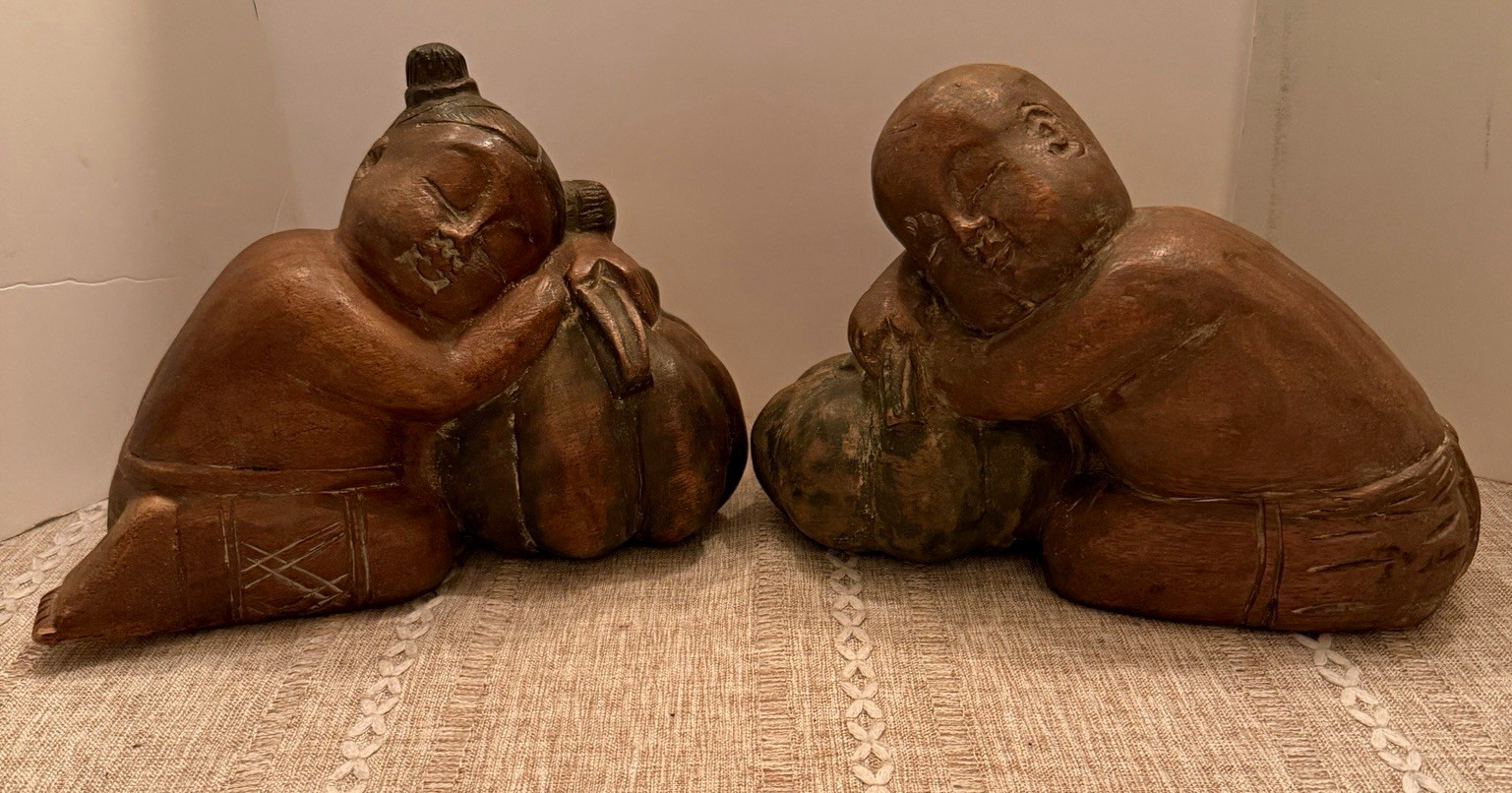 Vintage Hand Carved Wood Asian Children Figurines Sleeping on Gourd Figurines