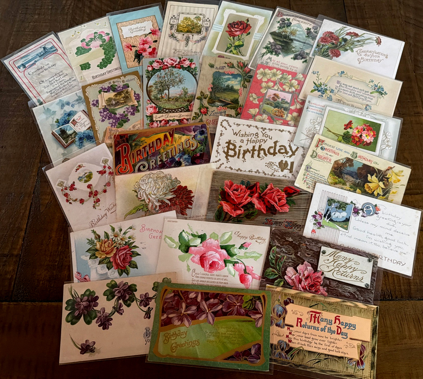 Nice ~Lot of 27 Antique~ BIRTHDAY~Greetings Postcards with Roses & Flowers~s462