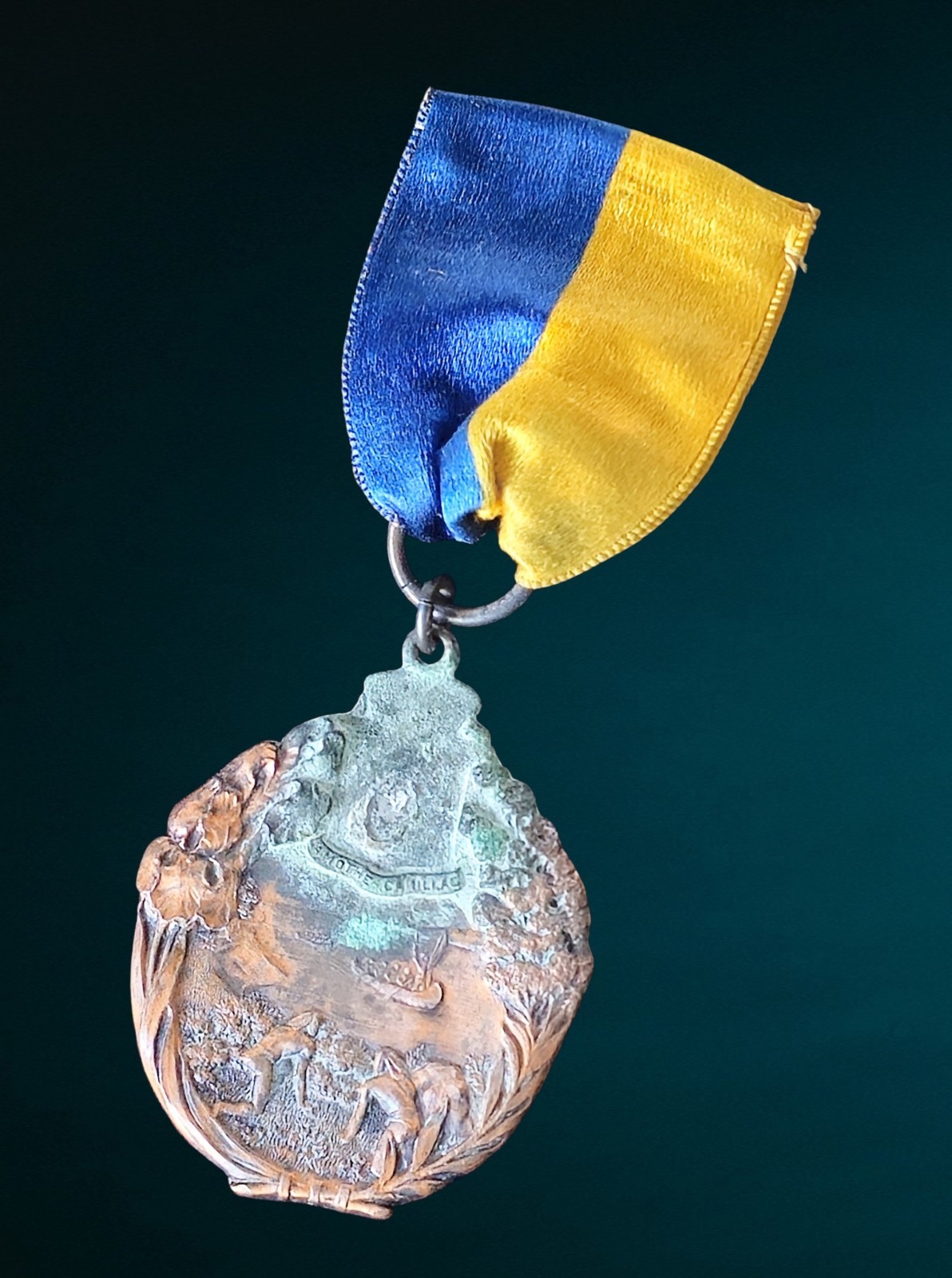 Oxidized Bronze 1912 Detroit Cadillaqua 1/2 Mile Canoe Race Medal with Ribbon