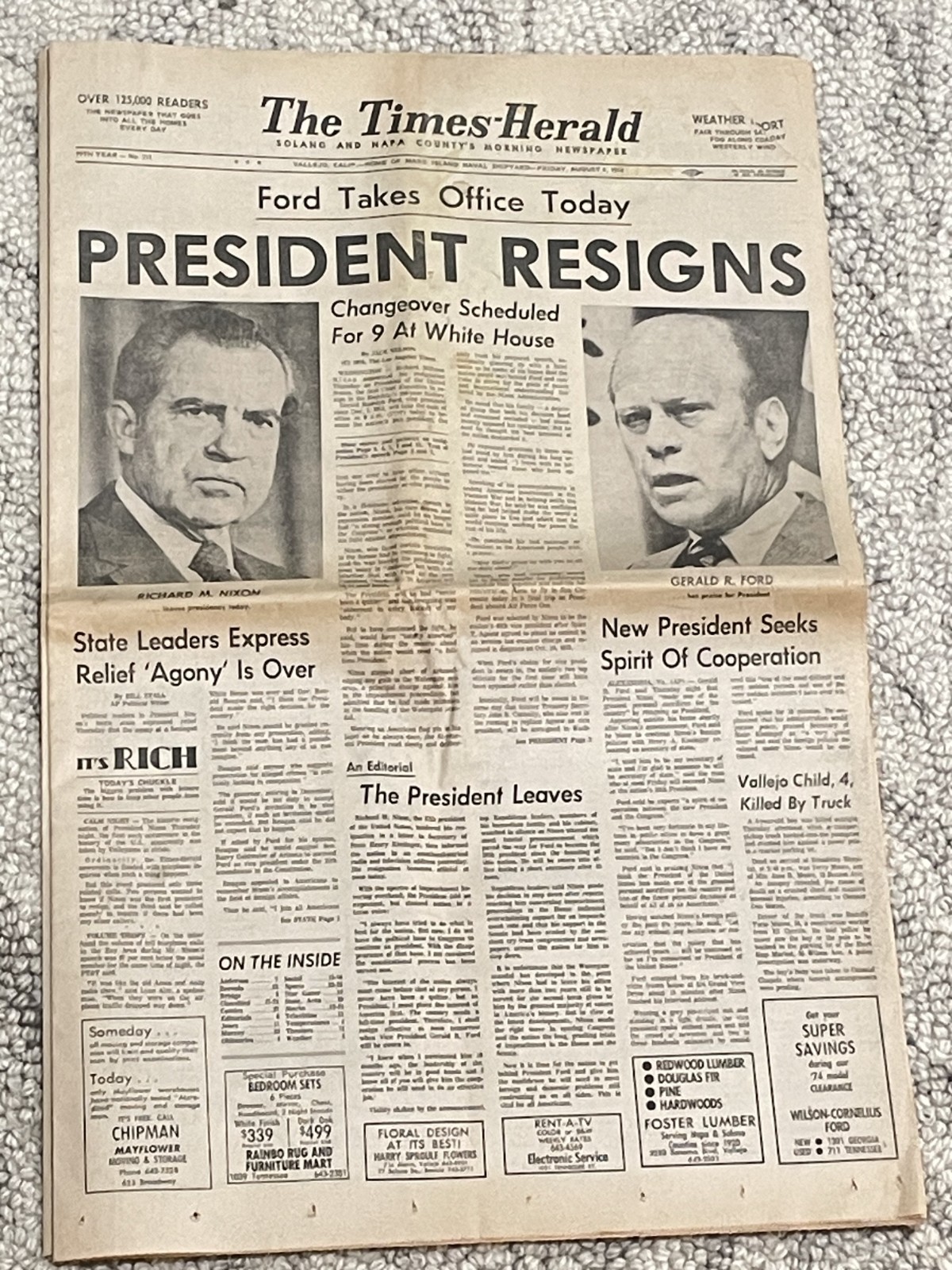 Vintage Original August 9 1974 Times-Herald Newspaper Section (14 Pages) Nixon R