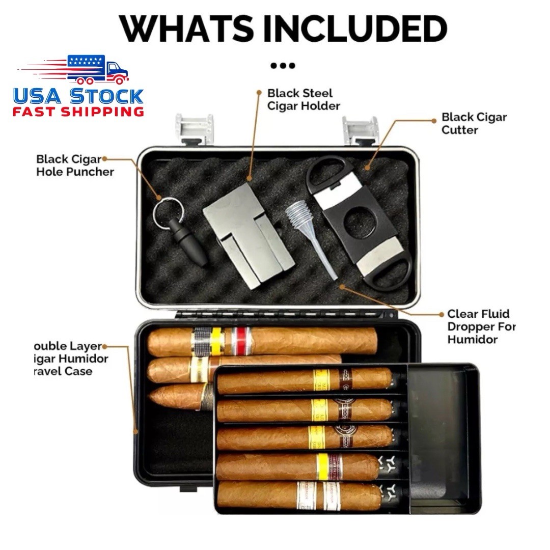MAC®️ Cigar Case Humidor Double Layer 10 Cigars Cutter Hole Puncher Hygrometer