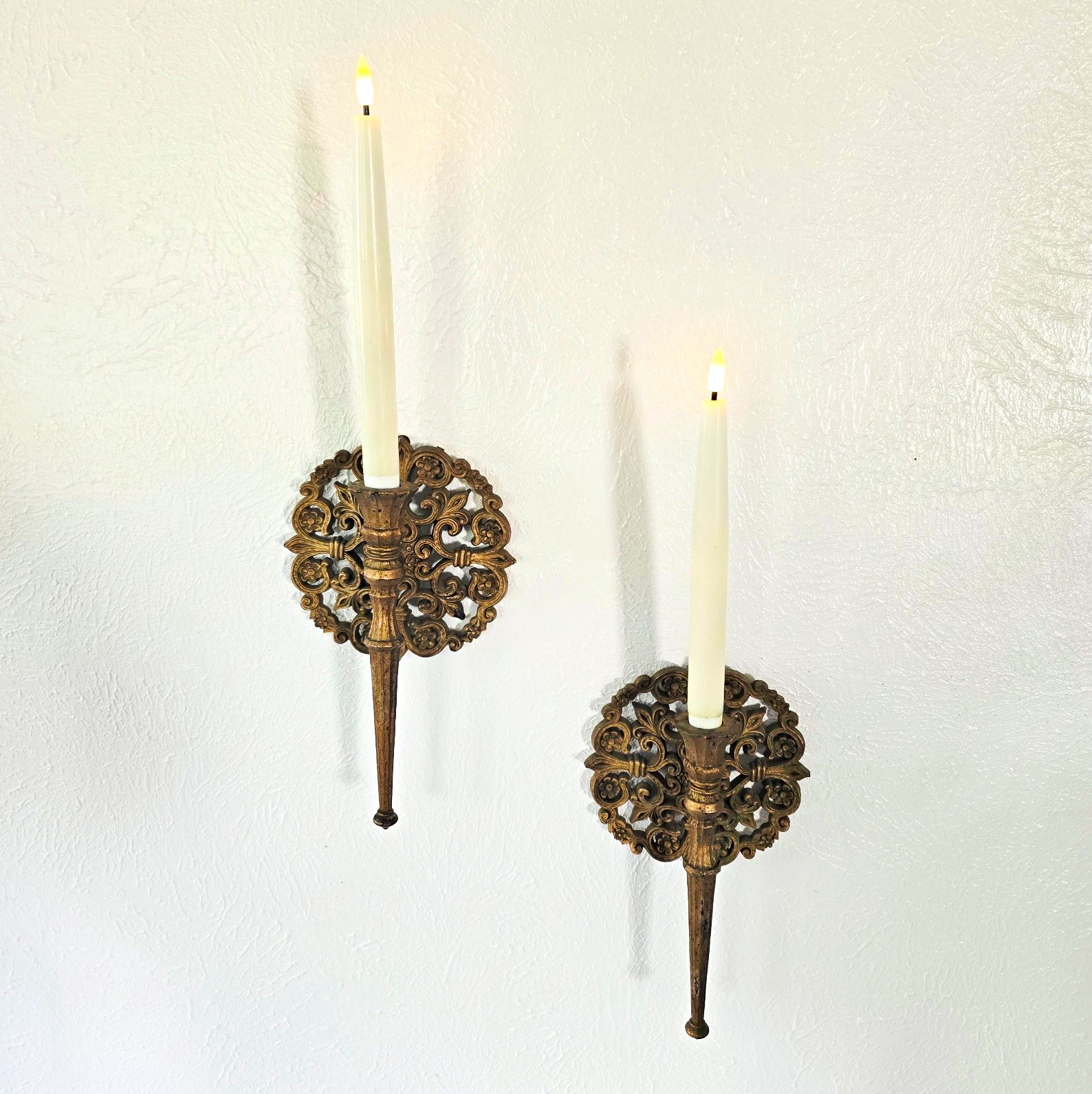 Vintage  1970s HOMCO Ornate Gold Bronze Plastic Wall Candle Sconces Set of 2