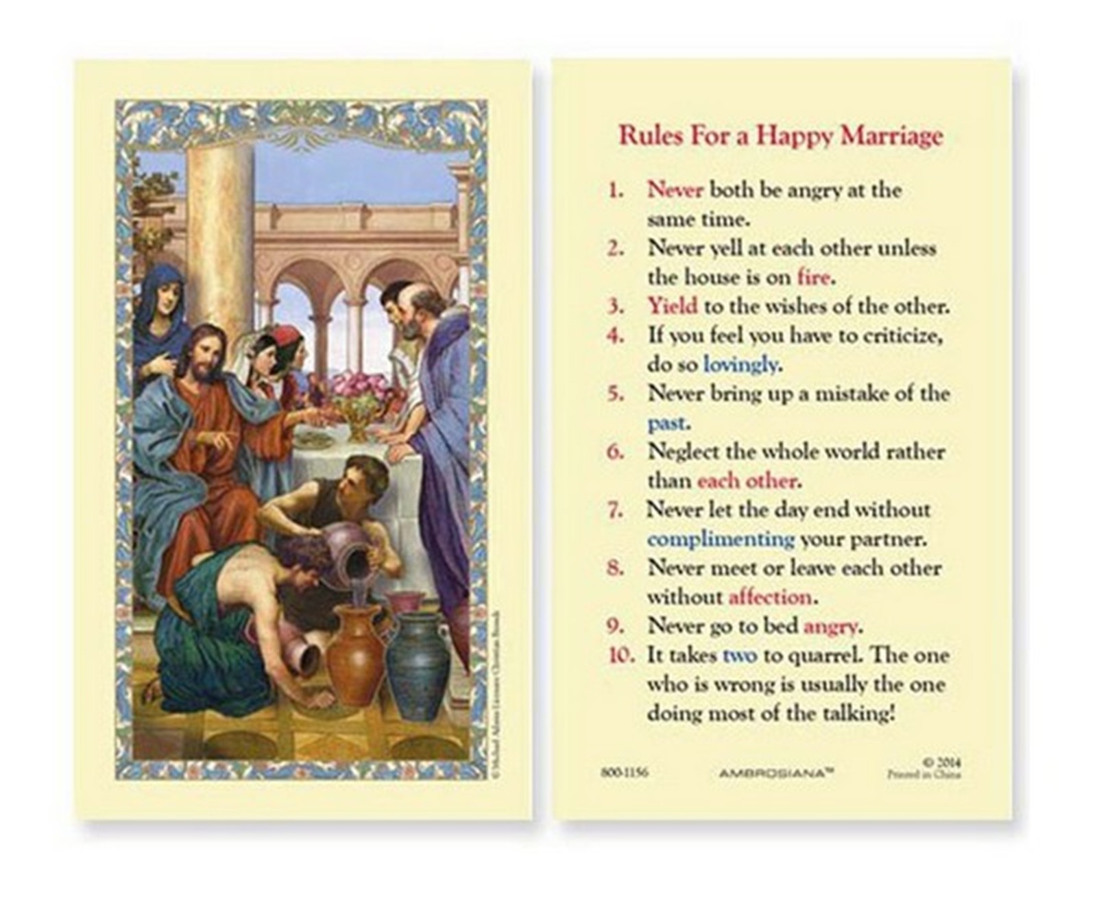 Wedding At Cana Prayer Card  Laminated Holy Card Rules For Happy Marriage