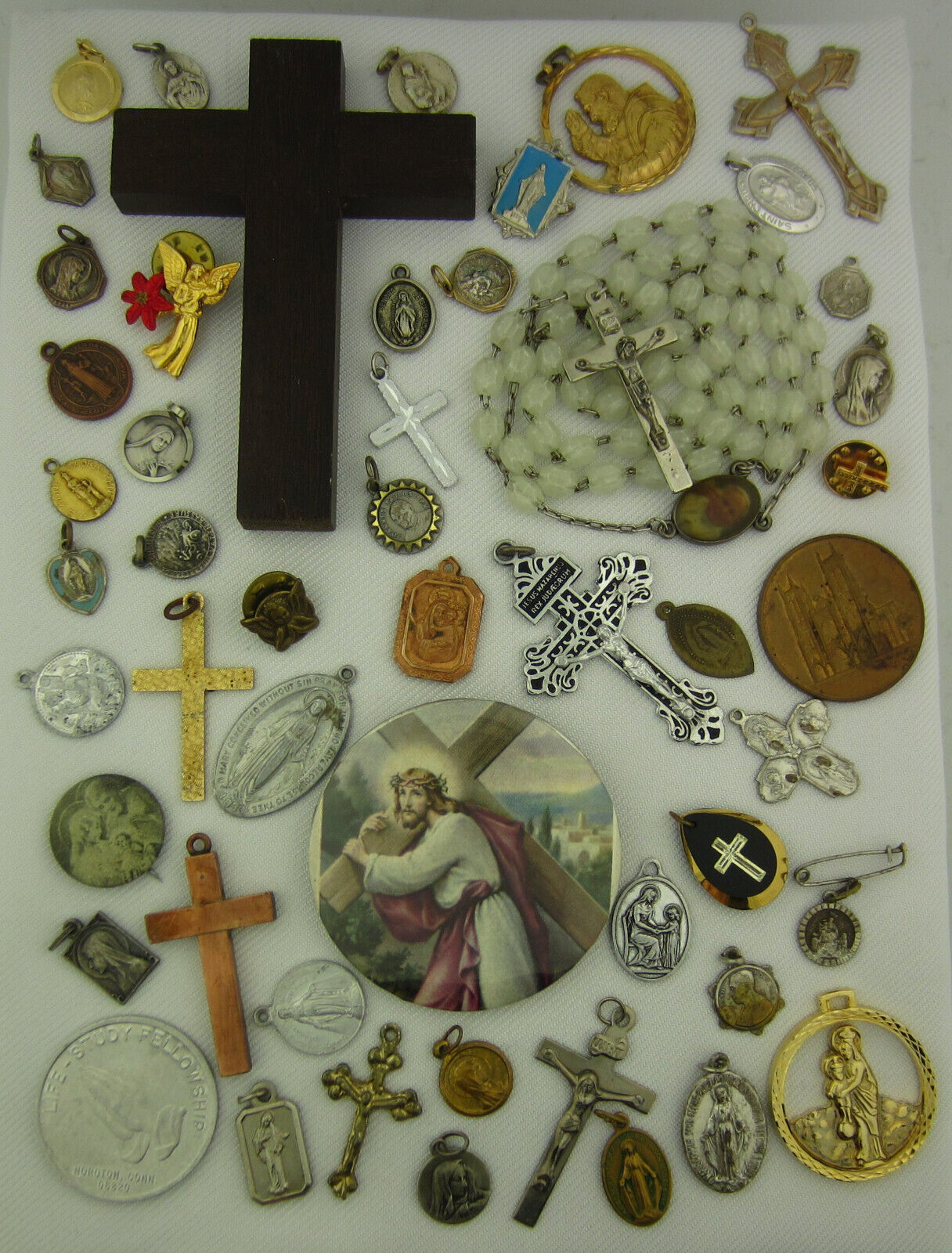 Vintage Catholic Lot of 51 Medals Crosses Pins Religious Glow in the dark Rosary
