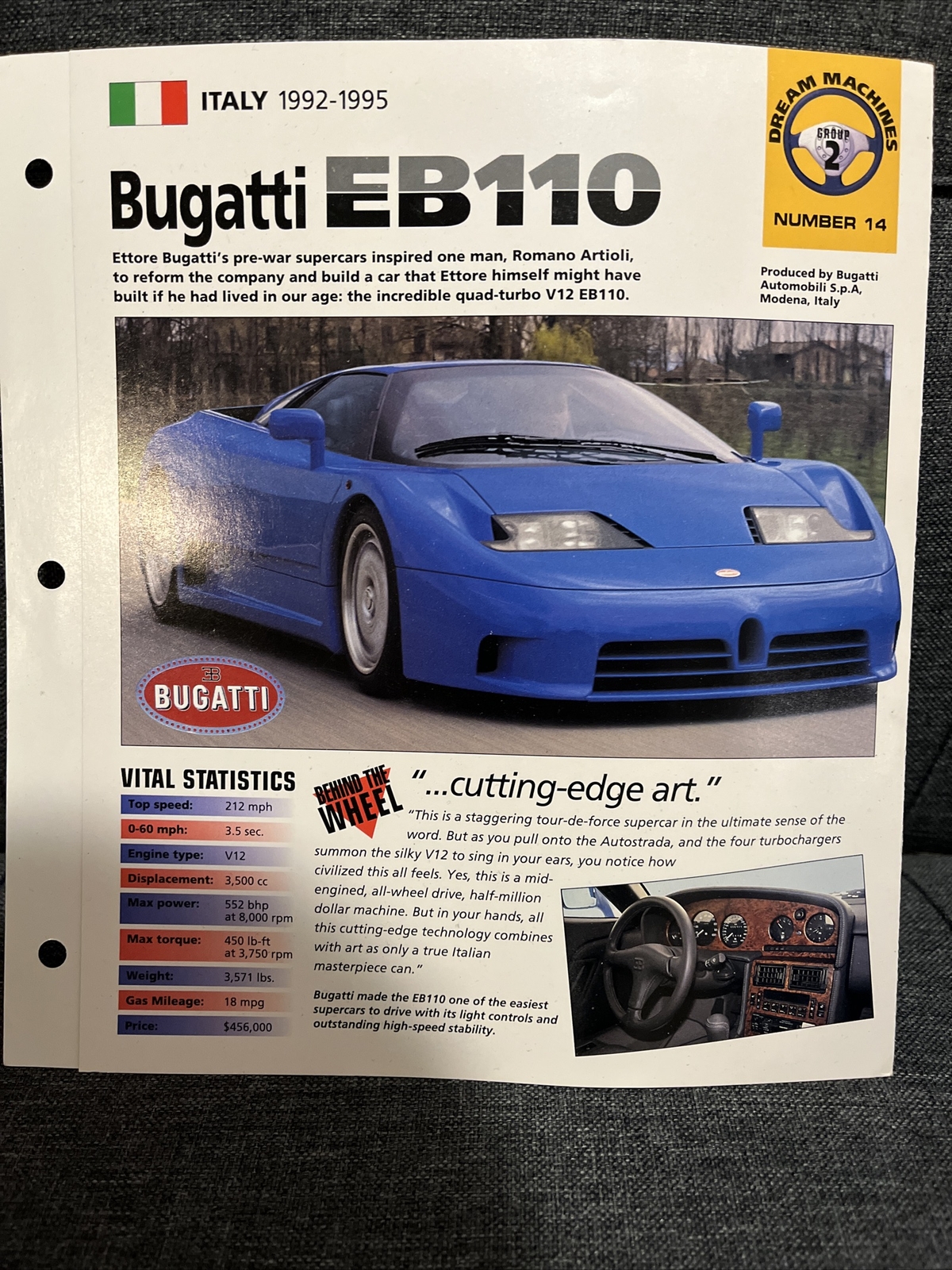 Bugatti EB110 (Italy 1992-1995) Spec Sheet 1998 HOT CARS Dream Machines #2.14