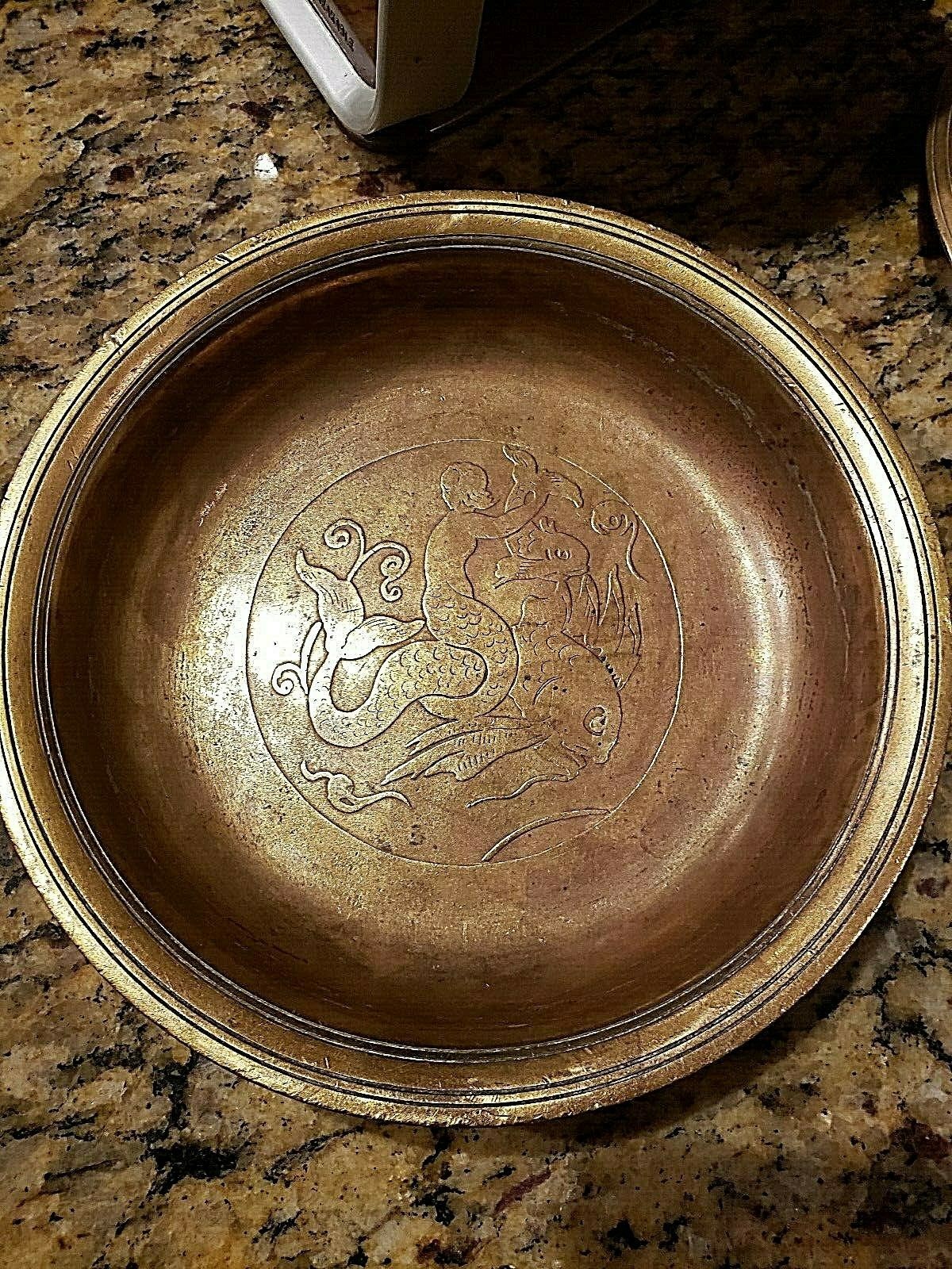 Just Andersen Bronze Bowl inlaid with Merman & Koi Fish #B96 Denmark 1920's