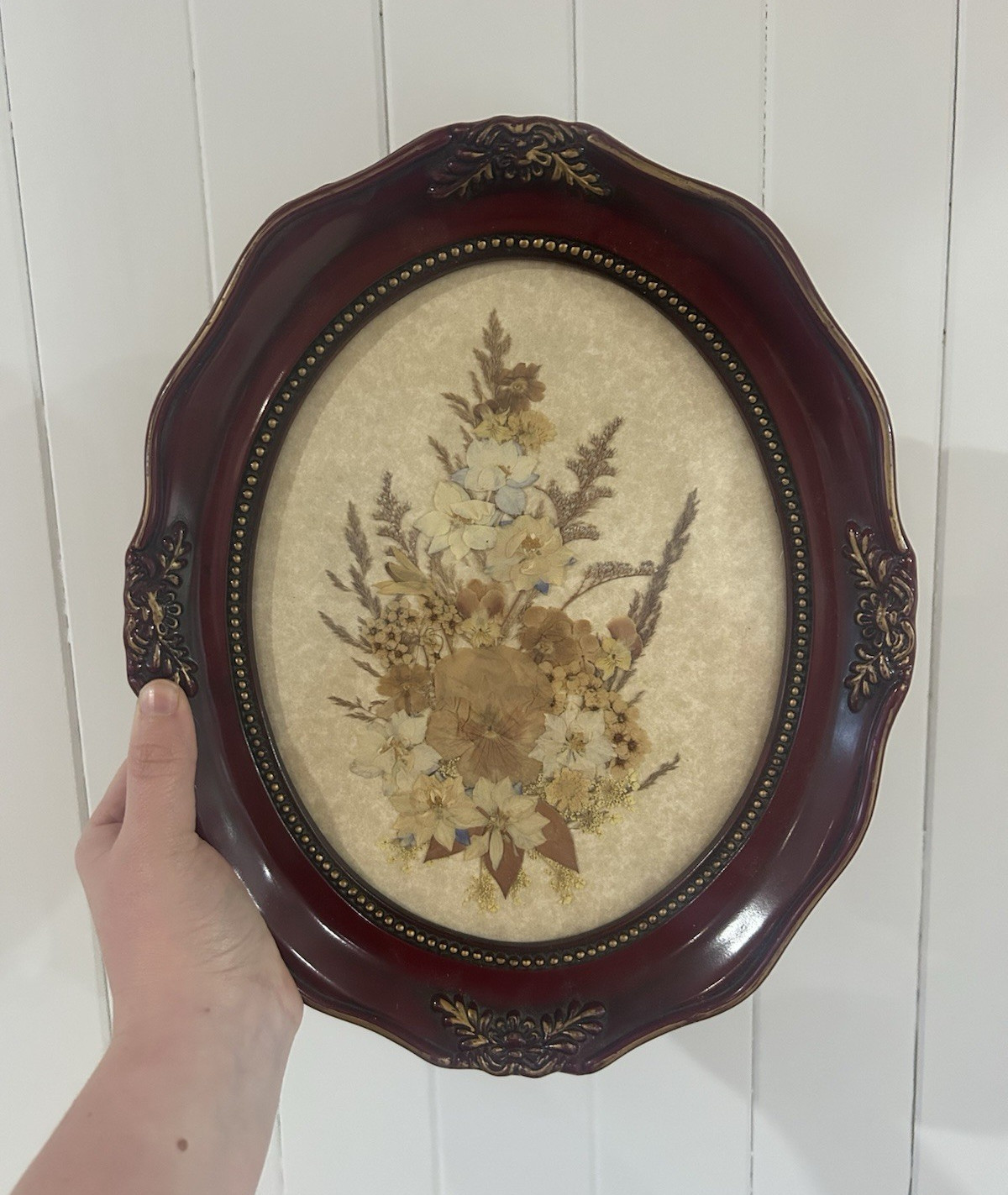 Vintage Framed Pressed Flower Art Ornate Oval Burgundy Gold Botanical