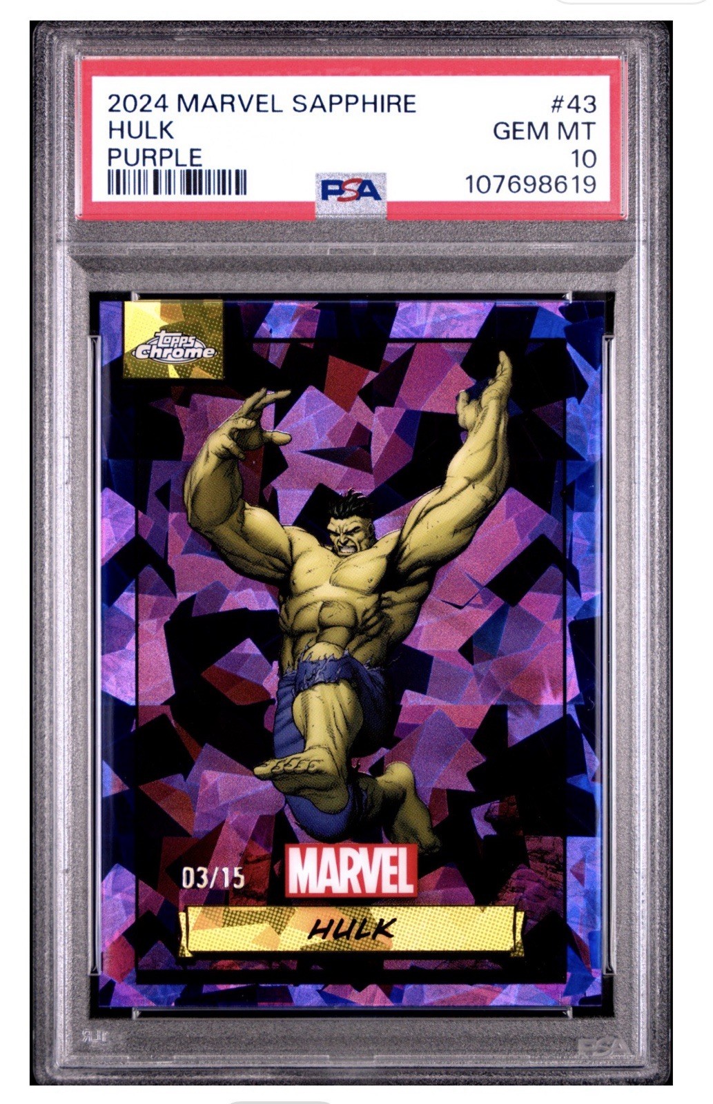 2024 Topps Chrome Marvel Sapphire Edition Purple /15 Hulk #43 PSA 10 Color Match