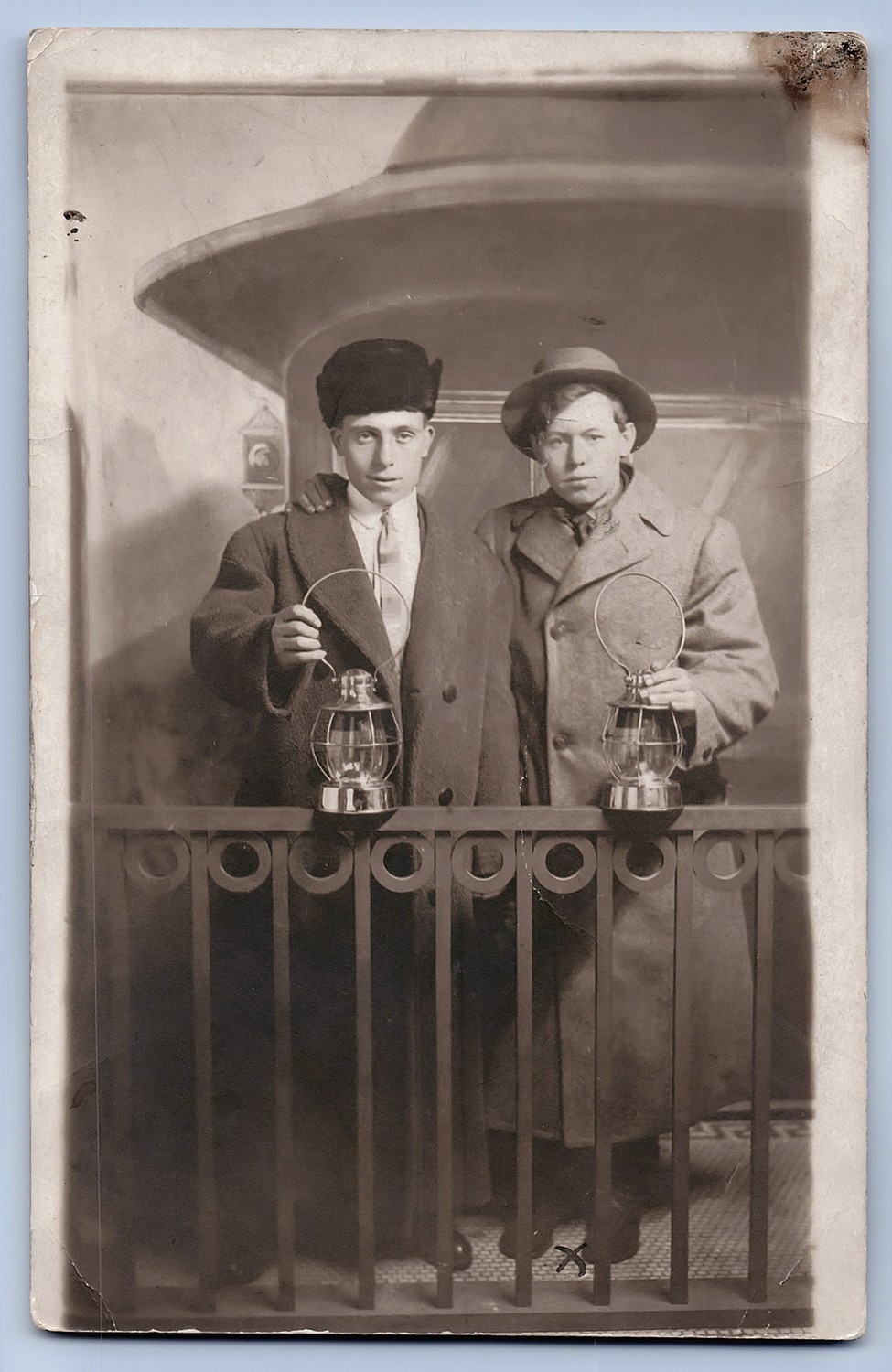 Antique RPPC Men with Railroad Lanterns Occupational c1910 Photo Postcard -1221