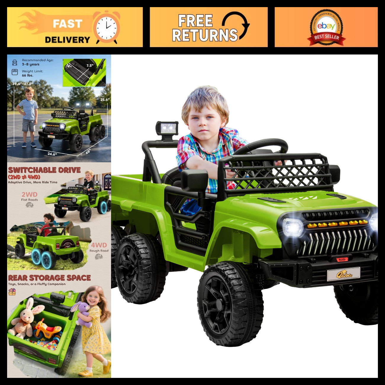 Qaba 12V 4x4 Kids Ride on Truck with Back Trailer 2WD/4WD Green