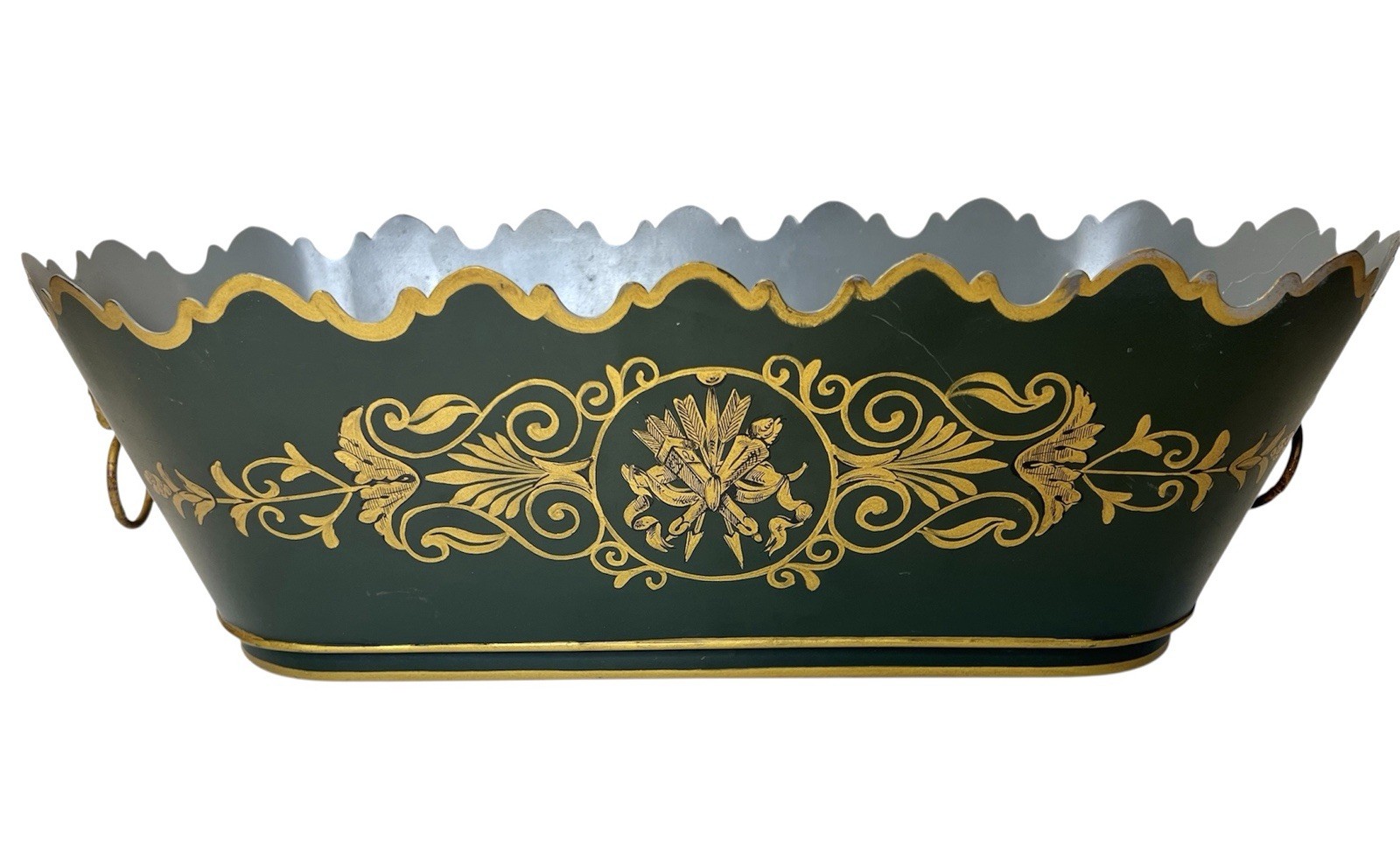 French Tole Cachepot Planter Empire Green Gold Scalloped Lion Heads 17½” Vintage