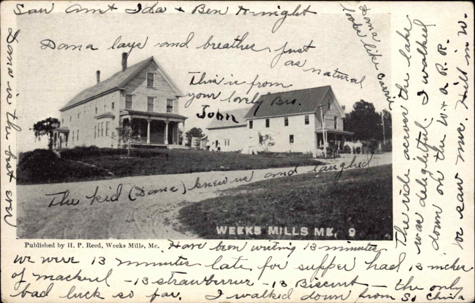 Weeks Mills Maine ME Town Center c1910 Vintage Postcard