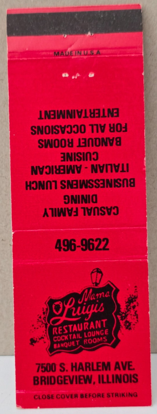 Vintage Matchbook Cover Mama Luigi\'s Restaurant Bridgeview Illinois IL Harlem St