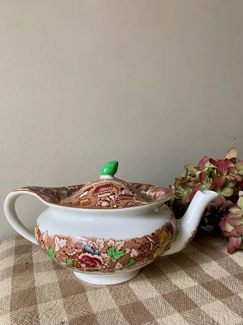 Antique 1900s Enoch Wood and Sons Ironstone Teapot Transferware Tea Kettle