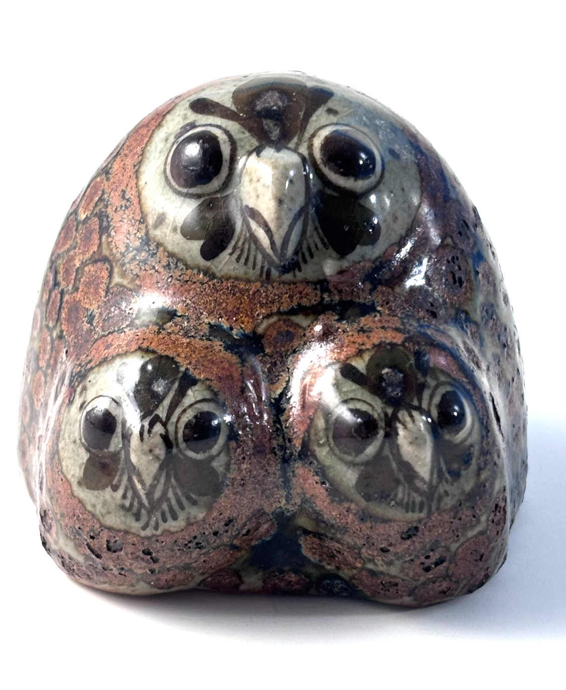 Tonala Glazed Stoneware Owl and Owlets Figurine Mexico