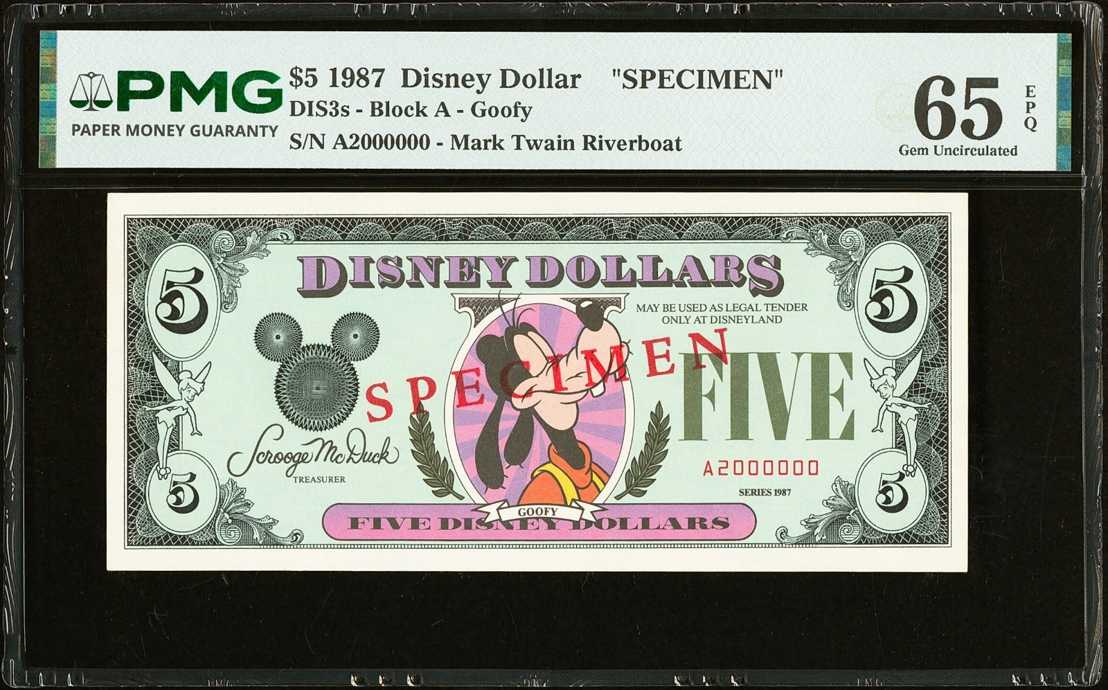 Rare 1987 $5 Disney Dollar Proprietary Specimen PMG Gem Uncirculated 65 EPQ