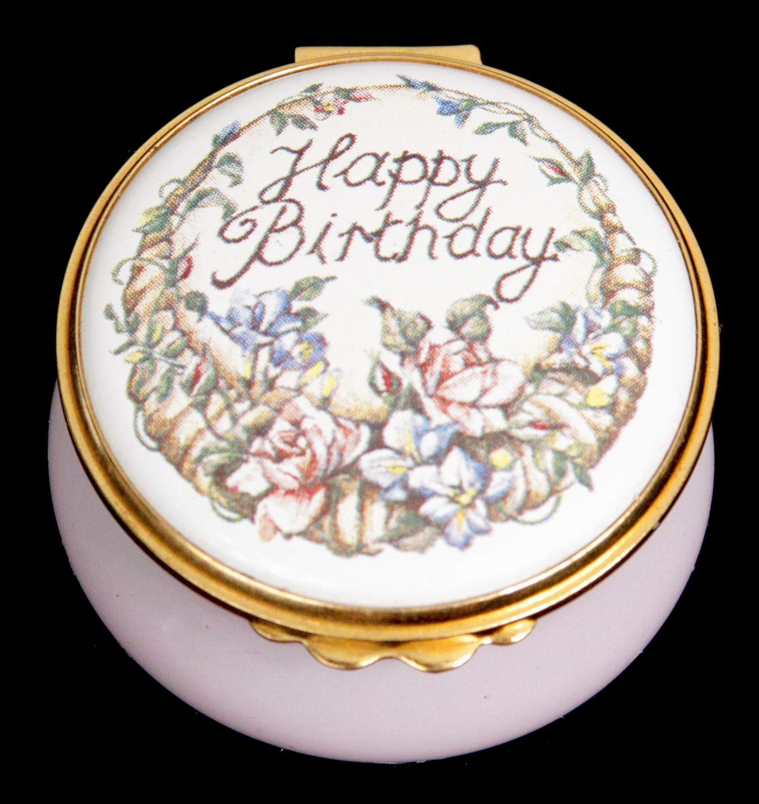 Vintage English Kingsley Enamel Trinket Pill Box Lavender Happy Birthday England