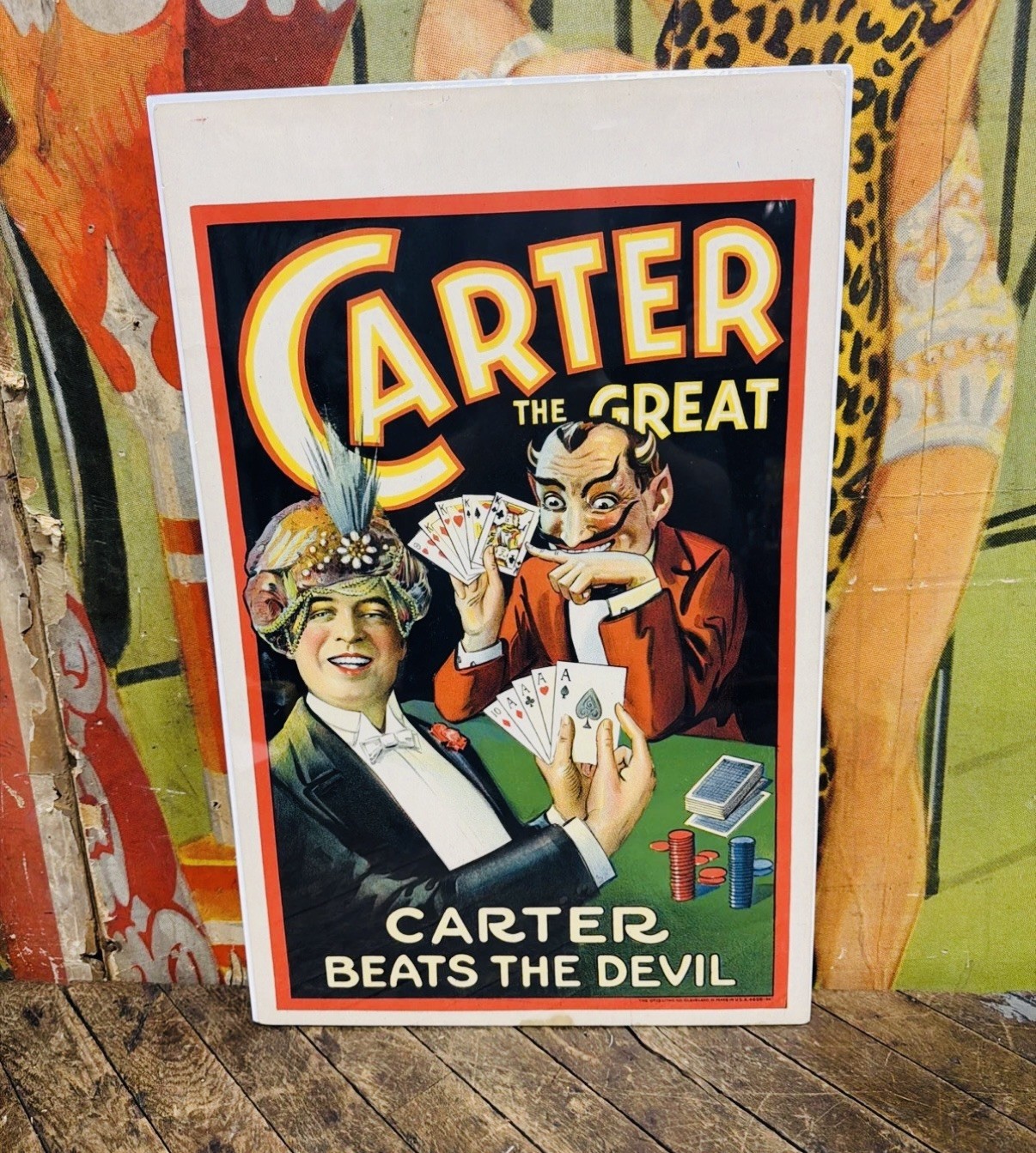 ANTIQUE 1926 CARTER THE GREAT BEATS THE DEVIL POSTER SIGN MAGIC DEVIL POKER RARE