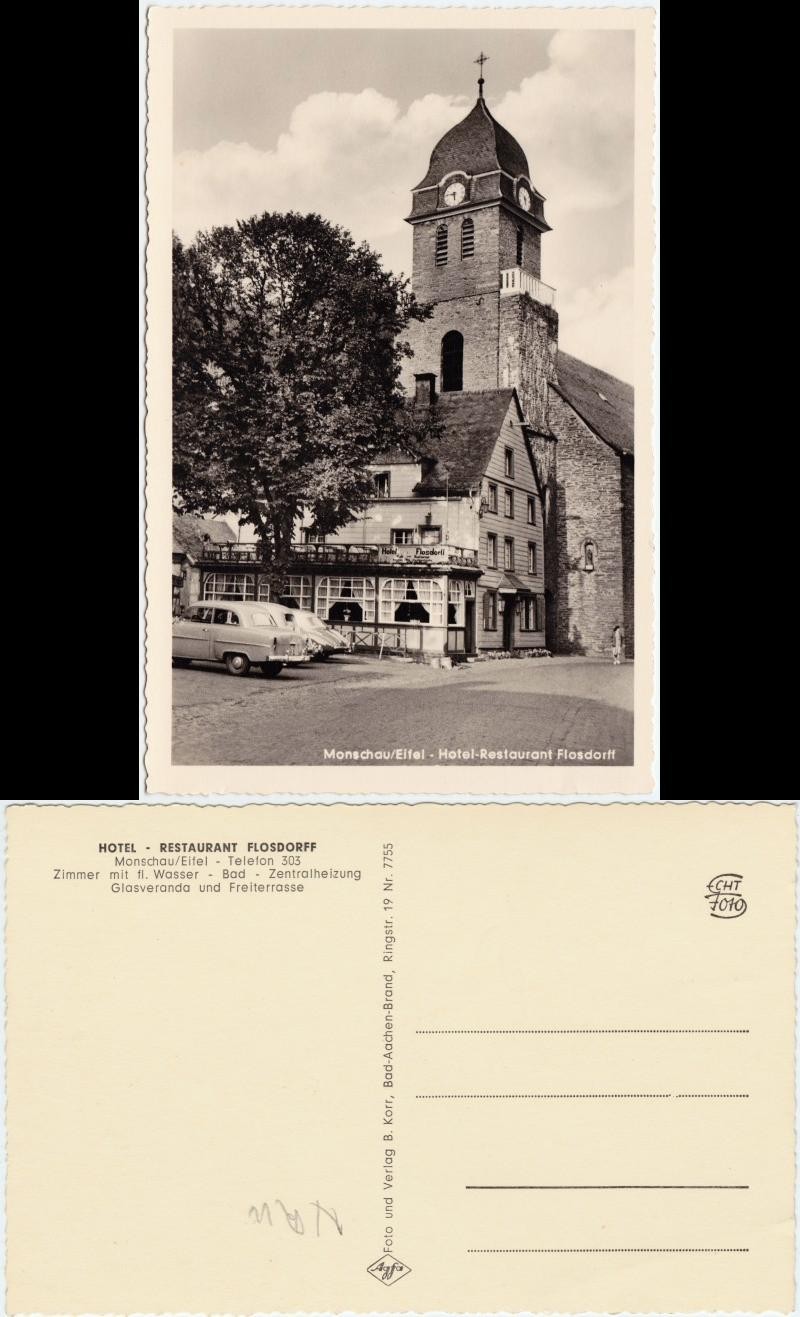 Postcard Monschau/Eifel Montjoie hotel-restaurant Flosdorff cars 1965