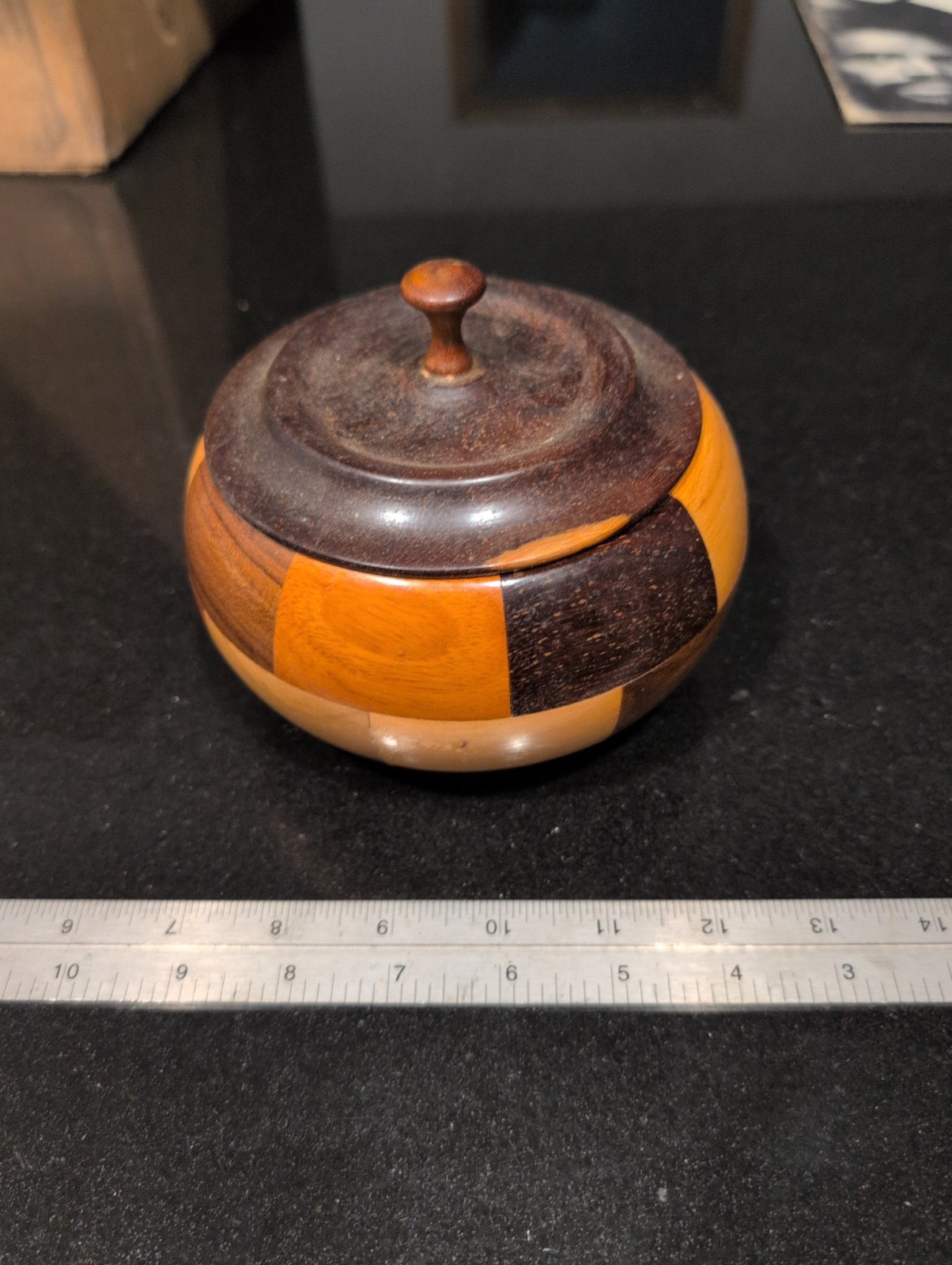 Vintage Handcrafted Segmented Wooden Bowl Container w/ Lid - Stash / Trinket Box