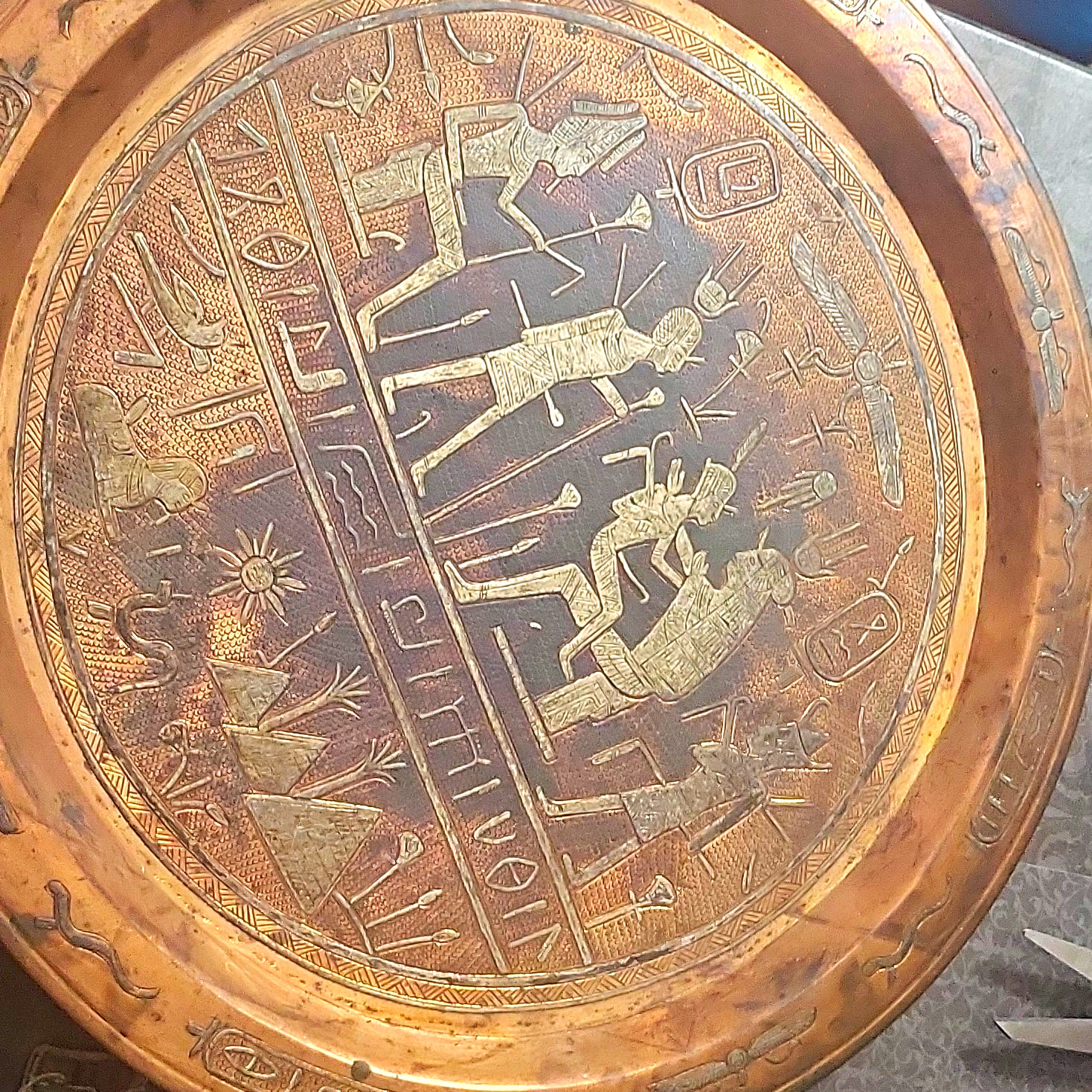antique Egyptian Engraved silver engraved Copper  Tray, Hieroglyphic Motif
