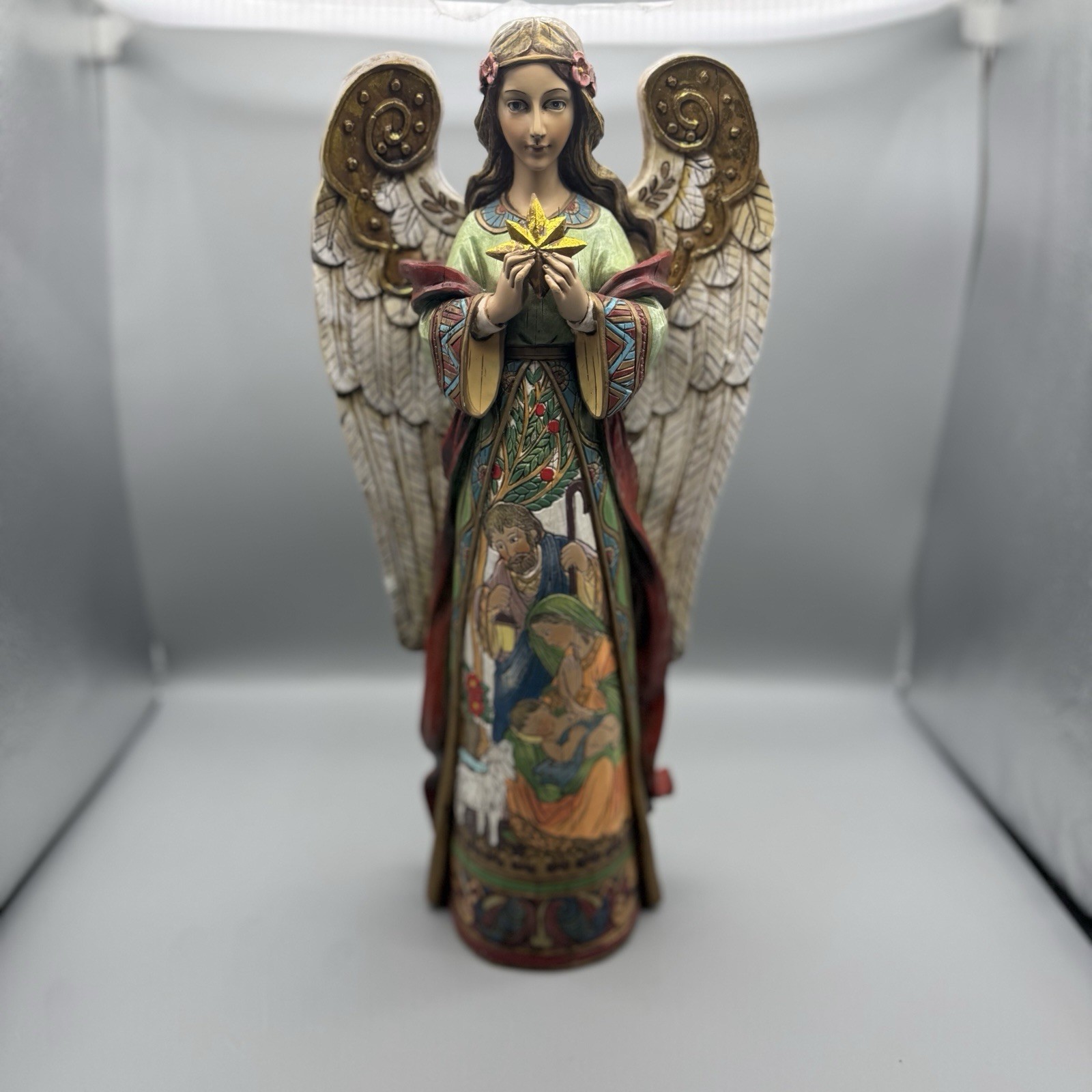 Vintage 2005 Roman, Inc Angel Statue Holding Star Resin / Wood Look 15.5\