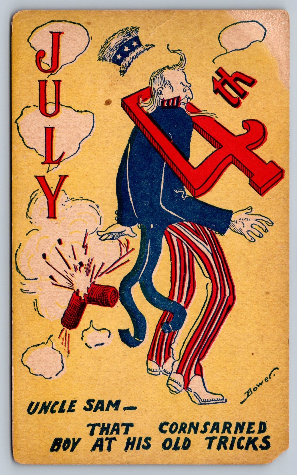 C1910 RARE JULY 4TH PC UNCLE SAM W/FIRECRACKERS & #4 CRASHED ON HIS HEAD