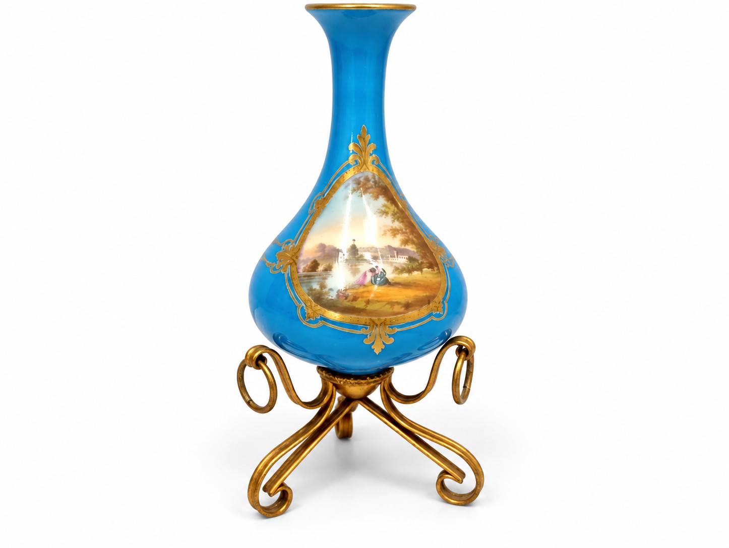 French Bleu Céleste Porcelain Vase Antique Hand Painted Landscape Gilt Base 8.25