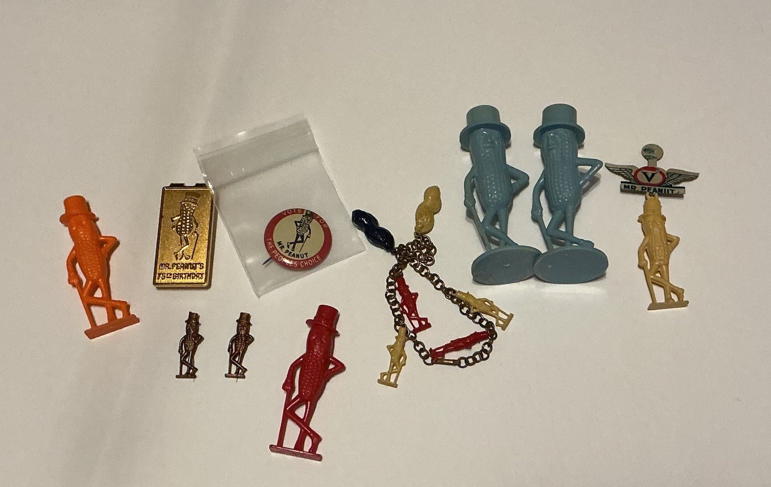 Mr. Peanut Collection Pin , Money Clip , Bracelet , S/P Set & More Old Vintage