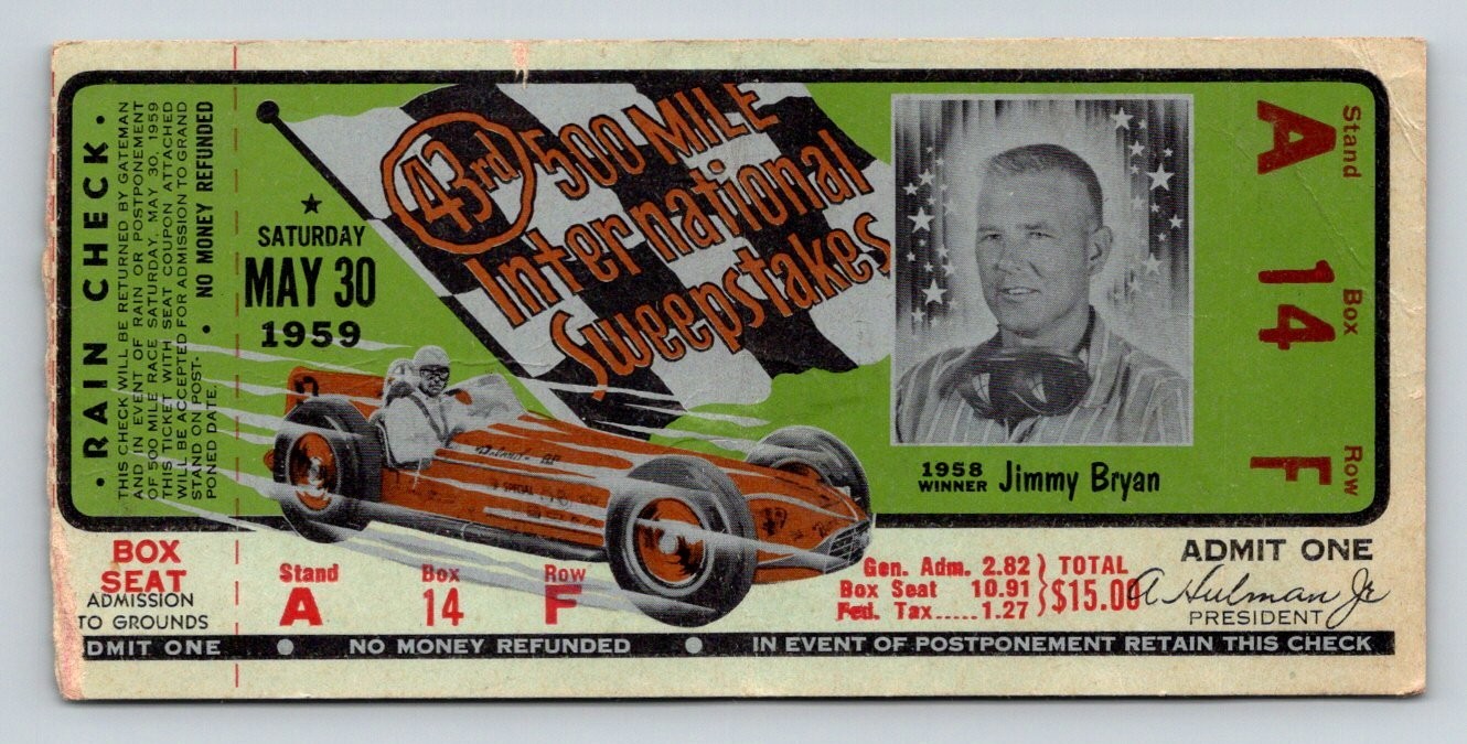 Rare 1959 Indianapolis 500 Box Seat Ticket Jimmy Bryan Indy Car Racing Ephemera
