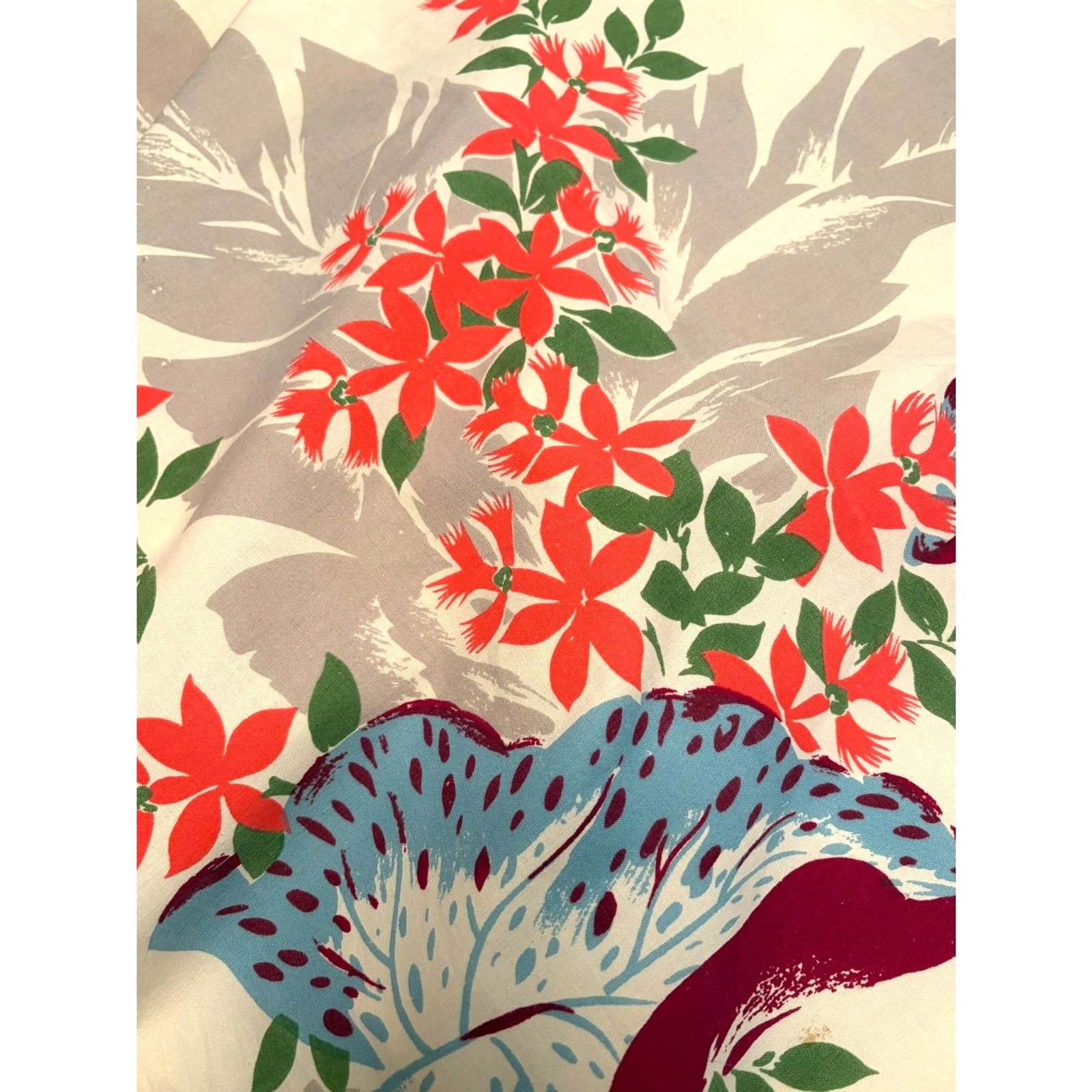 Vintage 1950s California Hand Prints Tablecloth 49x53 Tropical Floral MCM