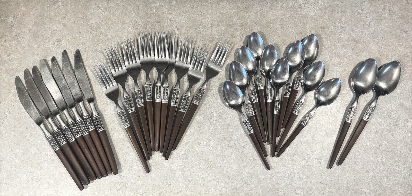 Vintage Ekco Eterna La Joya Flatware Silverware Faux Wood Stainless Set 28 MCM